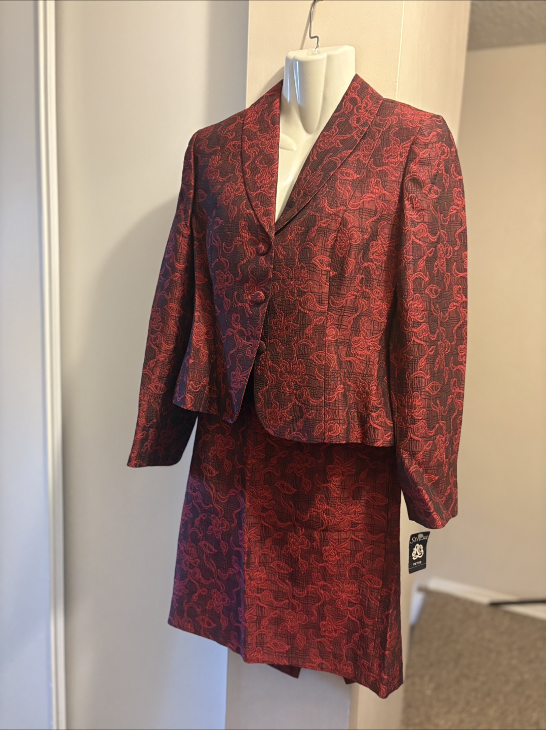 Stunning Red and Black Floral Brocade Skirt Suit