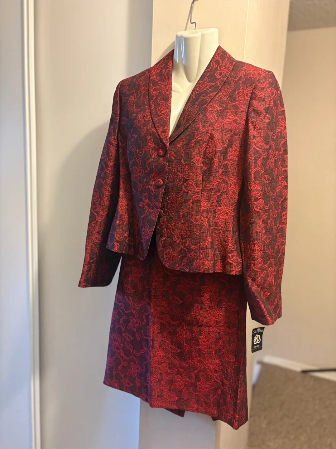 Stunning Red and Black Floral Brocade Skirt Suit thumbnail