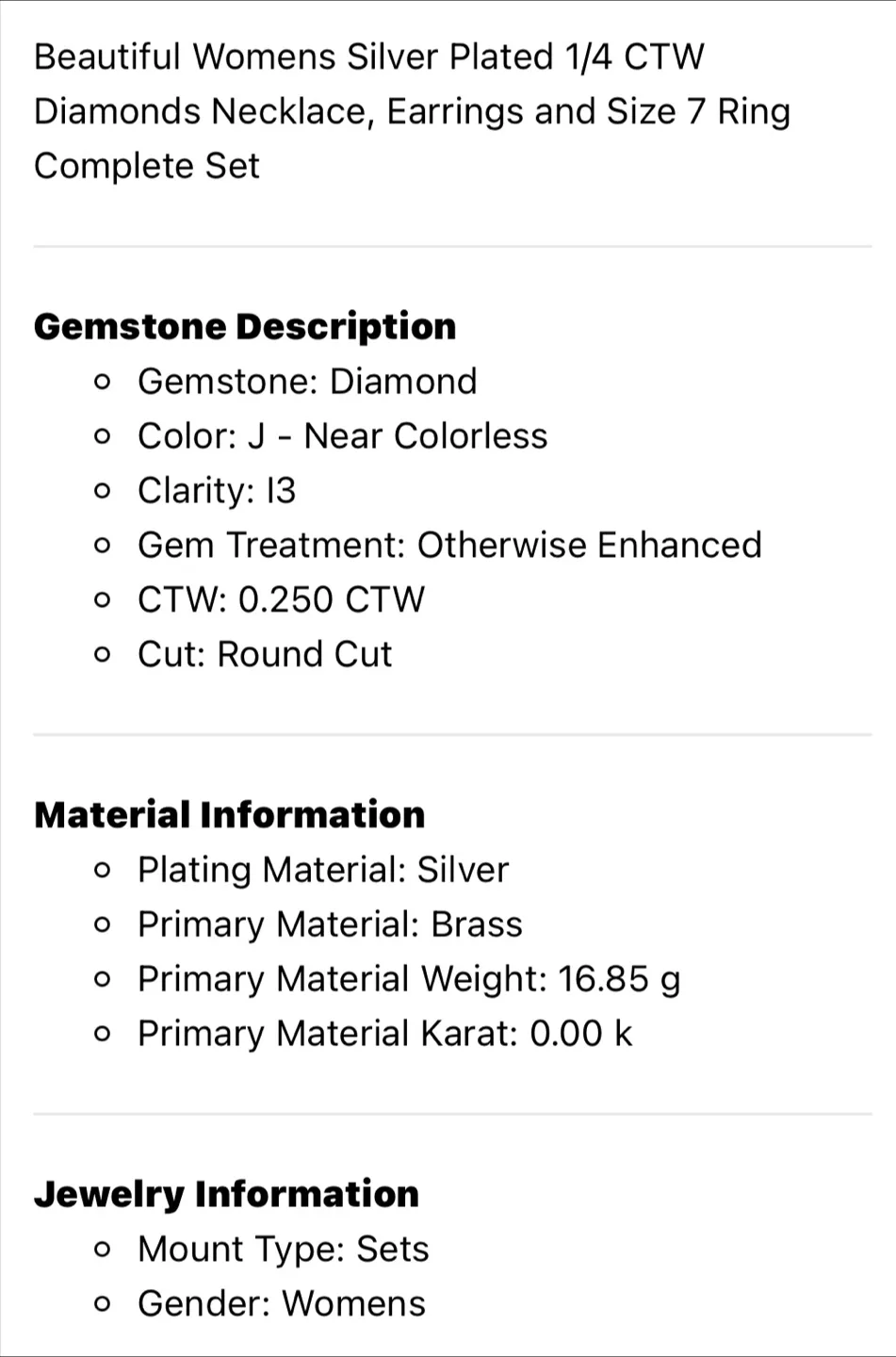 Women's Silver Plated Diamond Necklace, Earrings, and Ring Set image indicator(5)