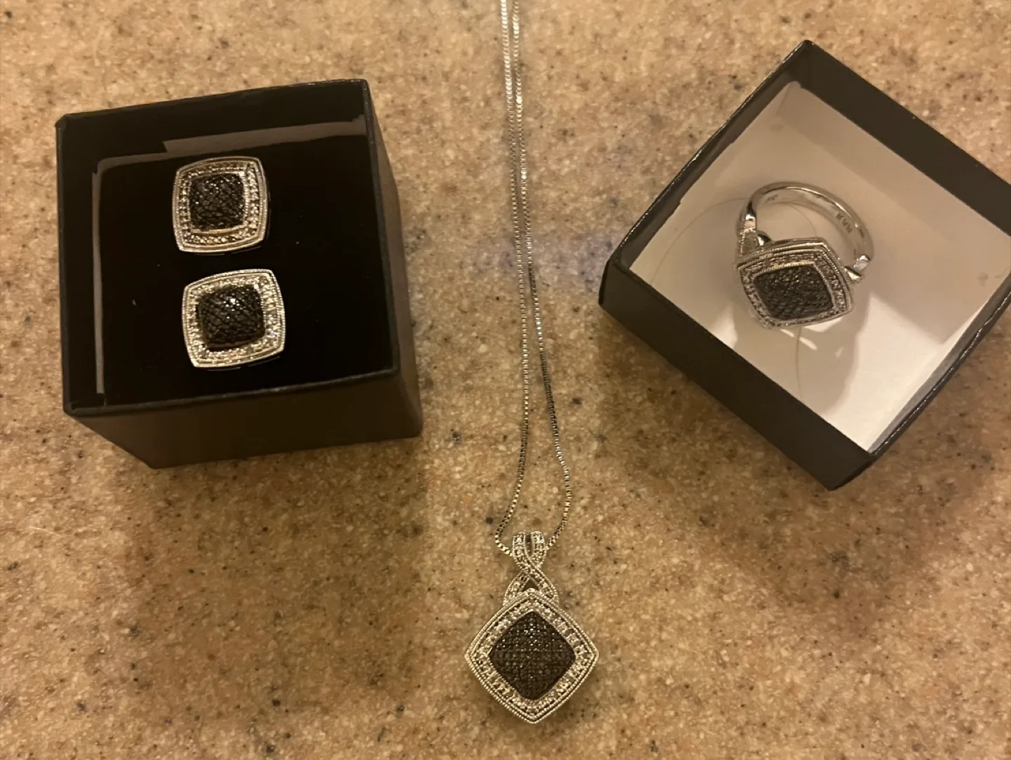 Women's Silver Plated Diamond Necklace, Earrings, and Ring Set image indicator(6)