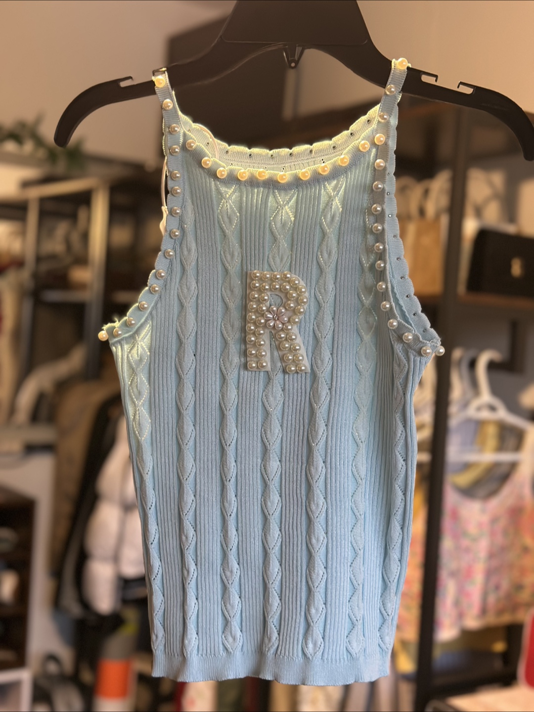 Pearl Embellished Knit Tank Top - Size Small
