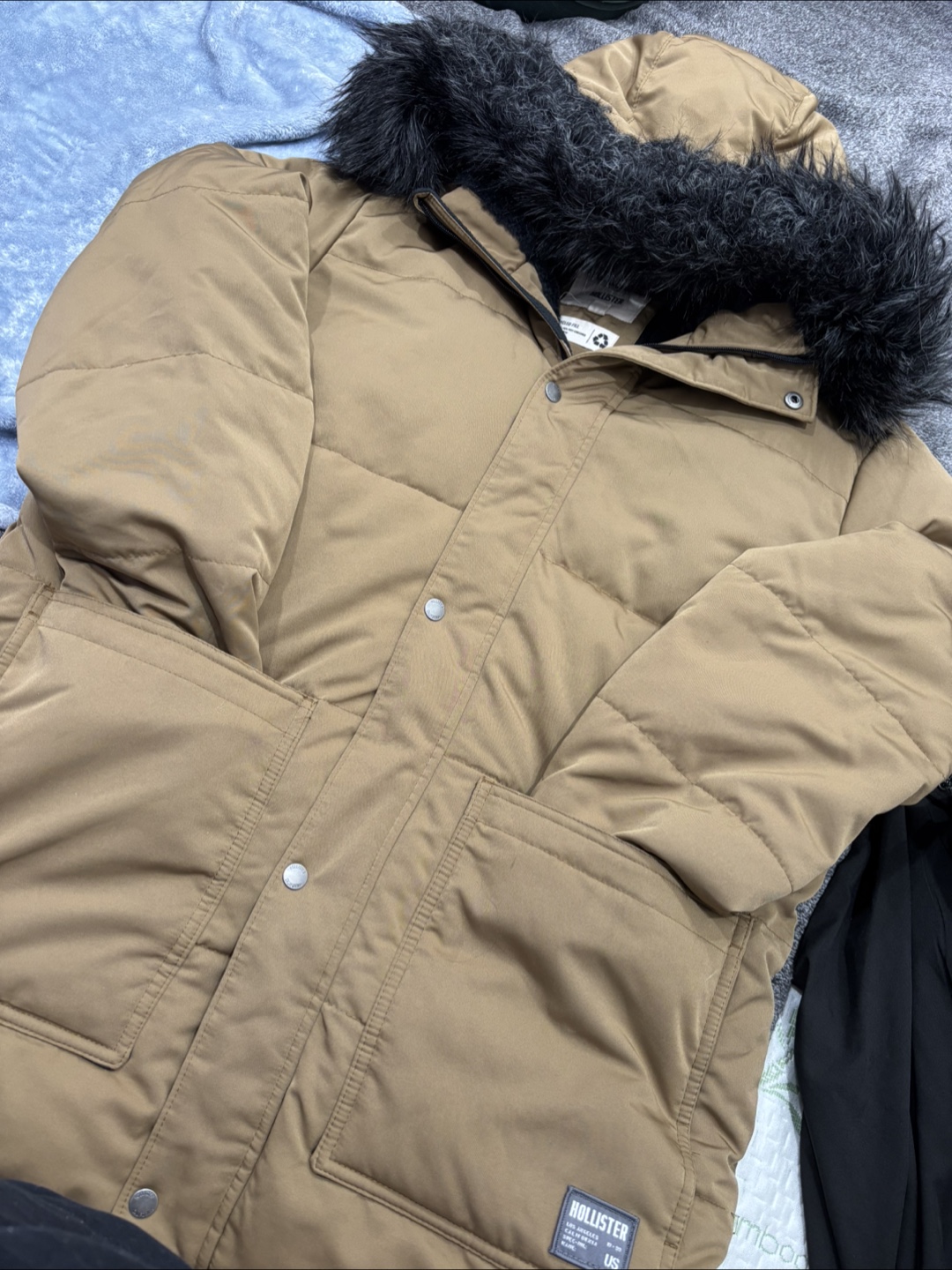 Hollister Brown Puffer Jacket with Faux Fur Hood