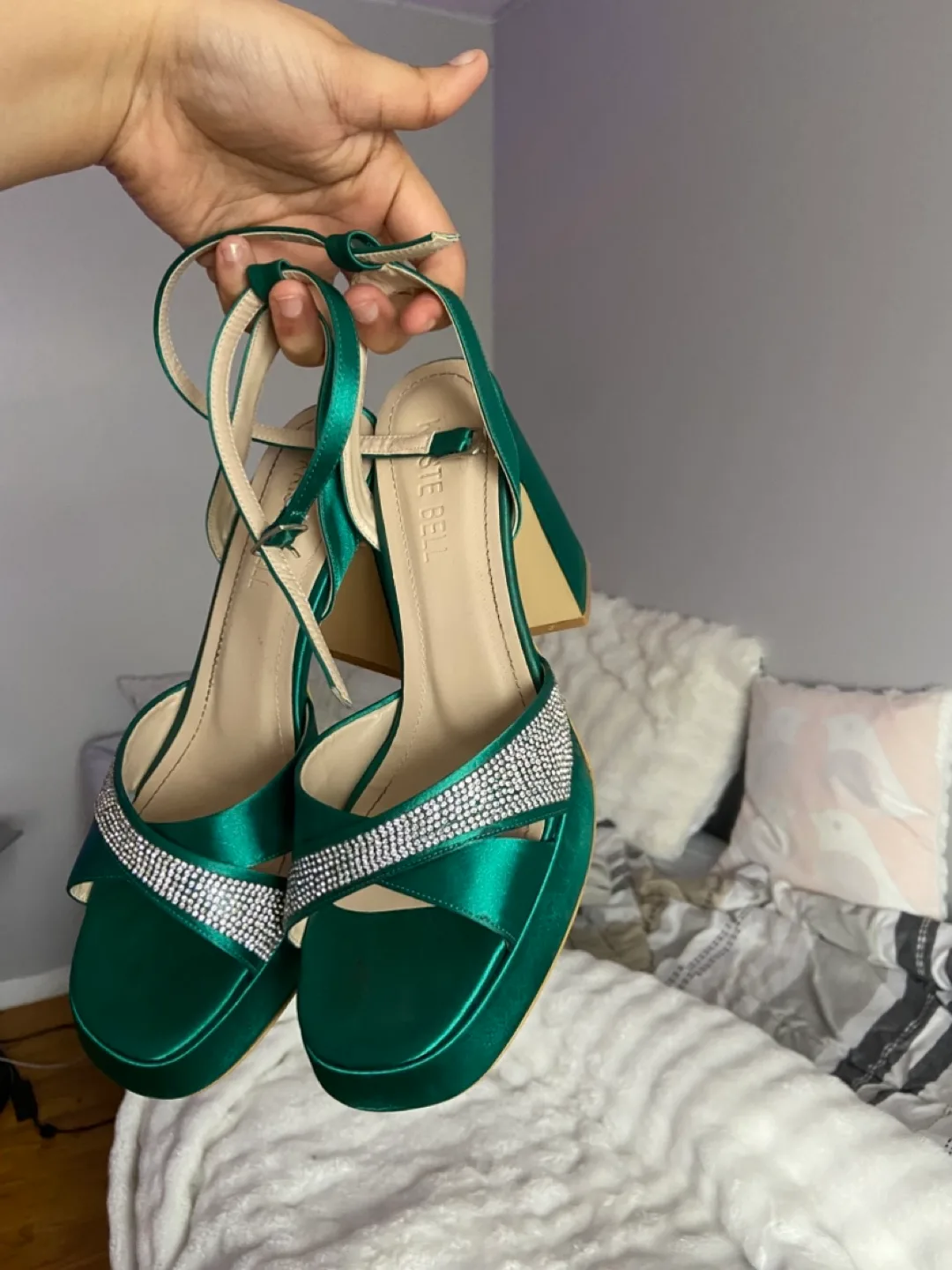 Emerald Green Satin Block Heel Sandals thumbnail
