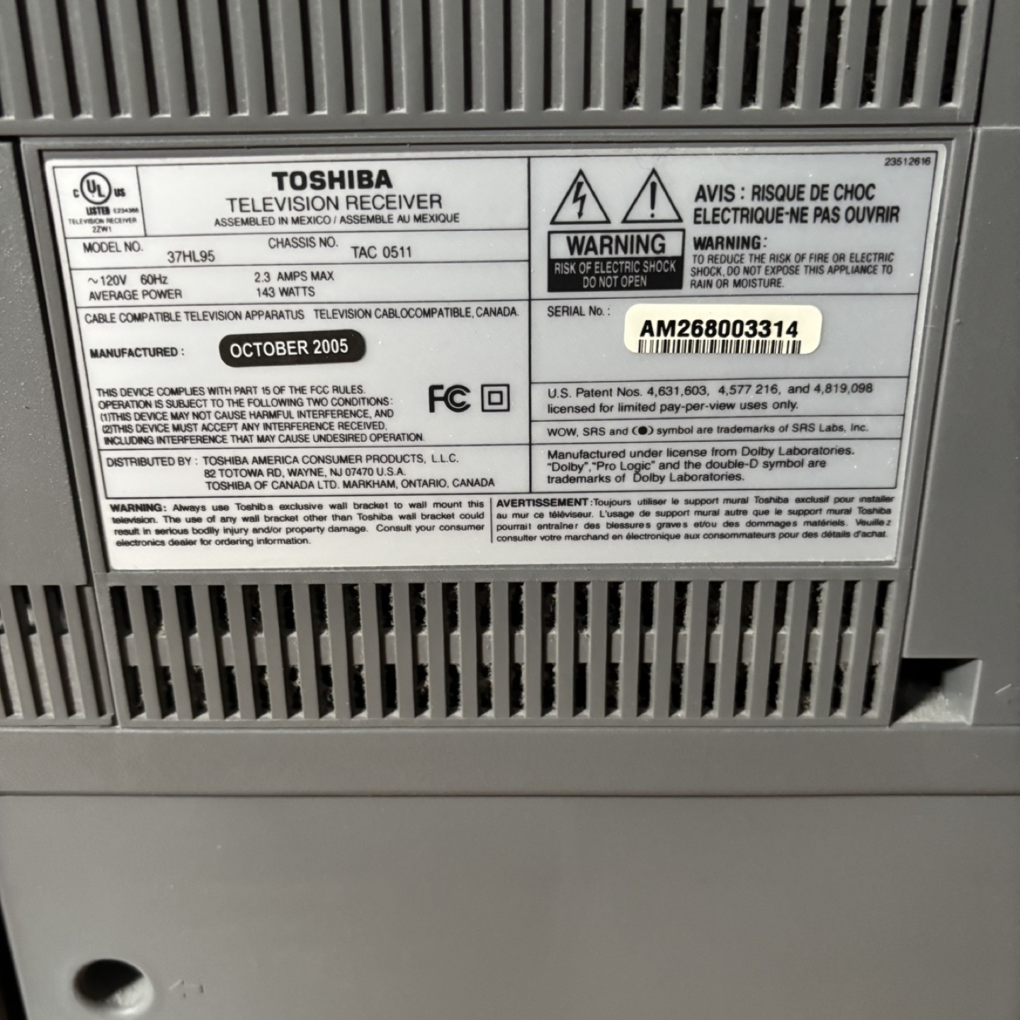 Toshiba Television Receiver - 37HL95 - October 2005 - photo 3