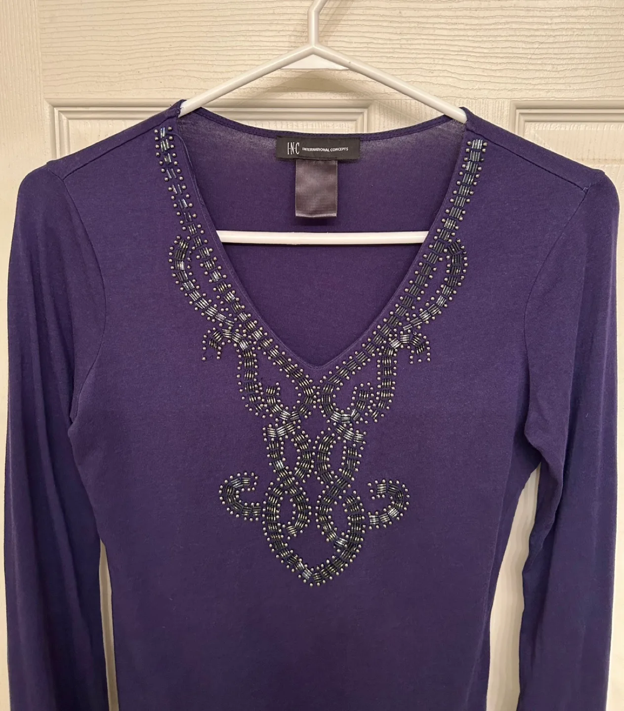 Navy Blue V-Neck Beaded Top thumbnail