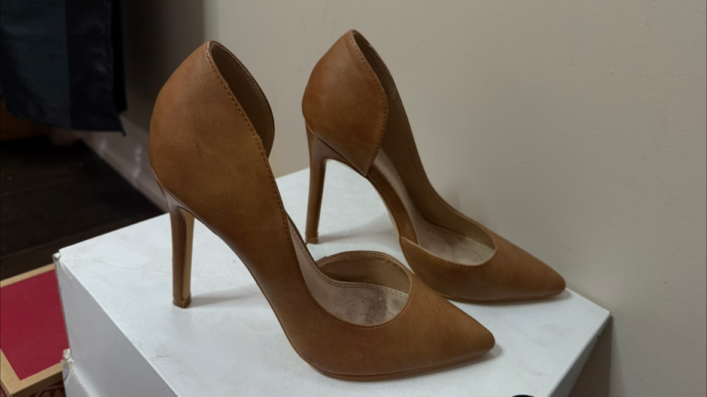 Tan Leather-Look Pointed-Toe Heels