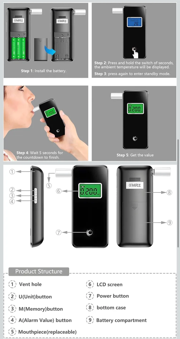Portable Breathalyzer w/ LCD Display & 10 Mouthpieces image indicator(4)