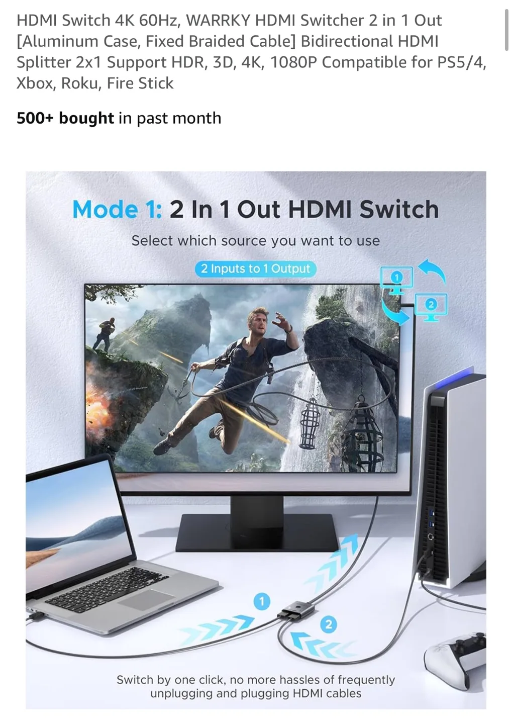 WARRKY 4K HDMI Switch 2 in 1 Out - 60Hz, HDR, 2.2