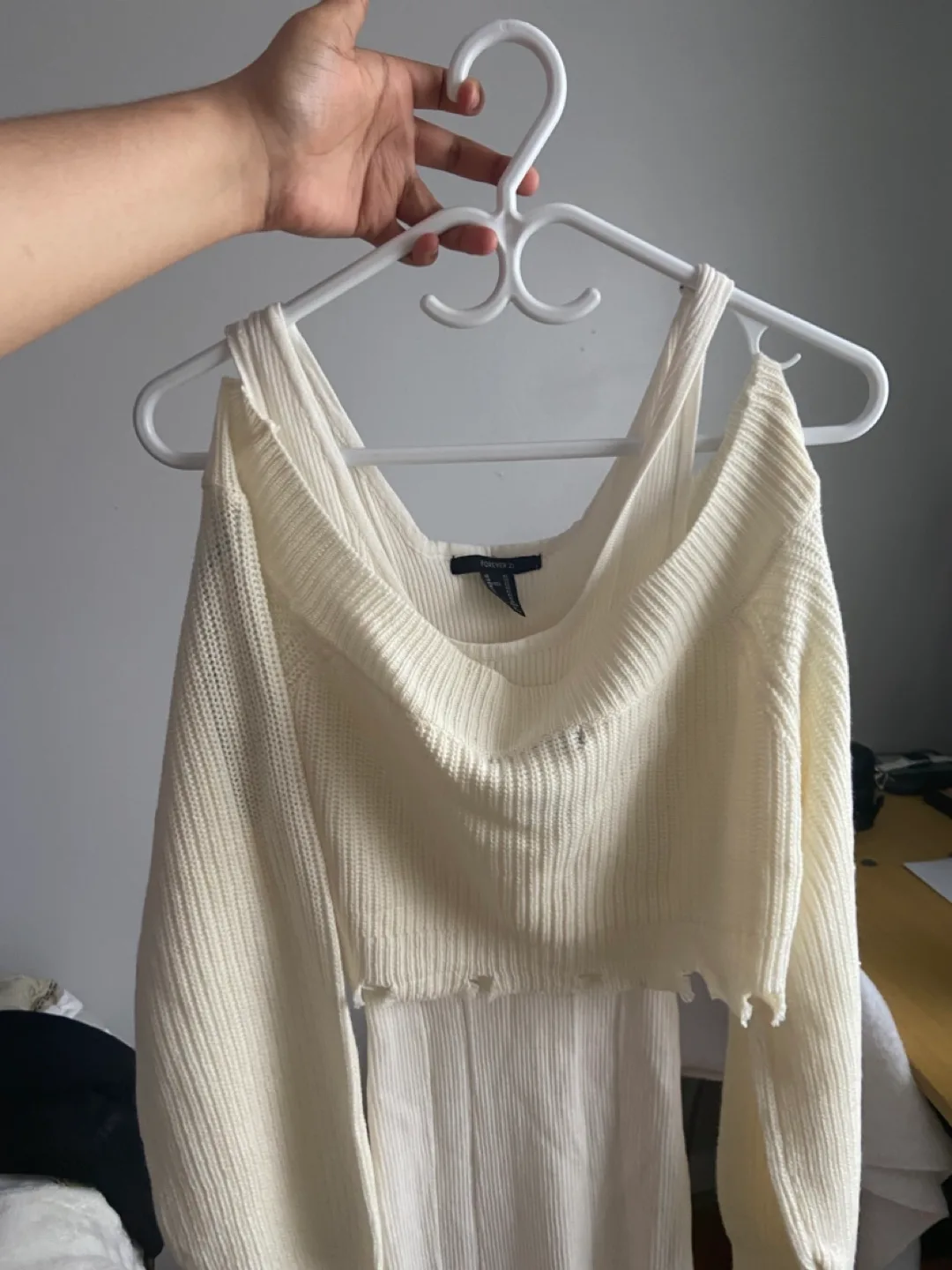 White Knit Off-the-Shoulder Sweater Dress thumbnail