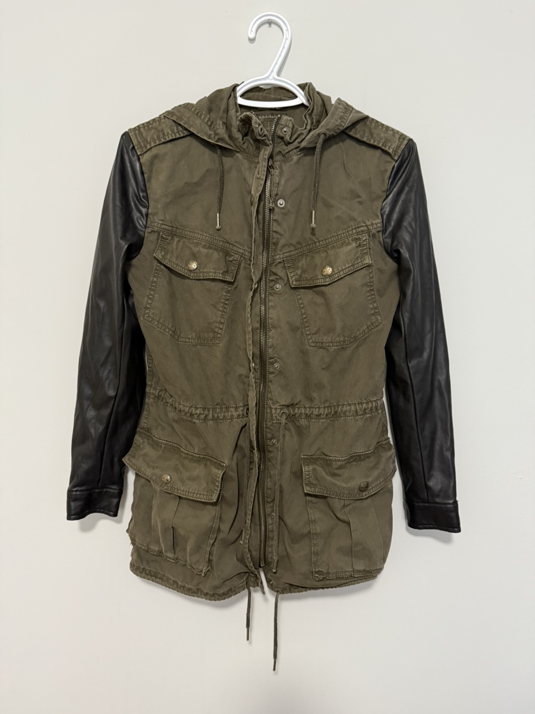 Olive Green Anorak with Faux Leather Sleeves