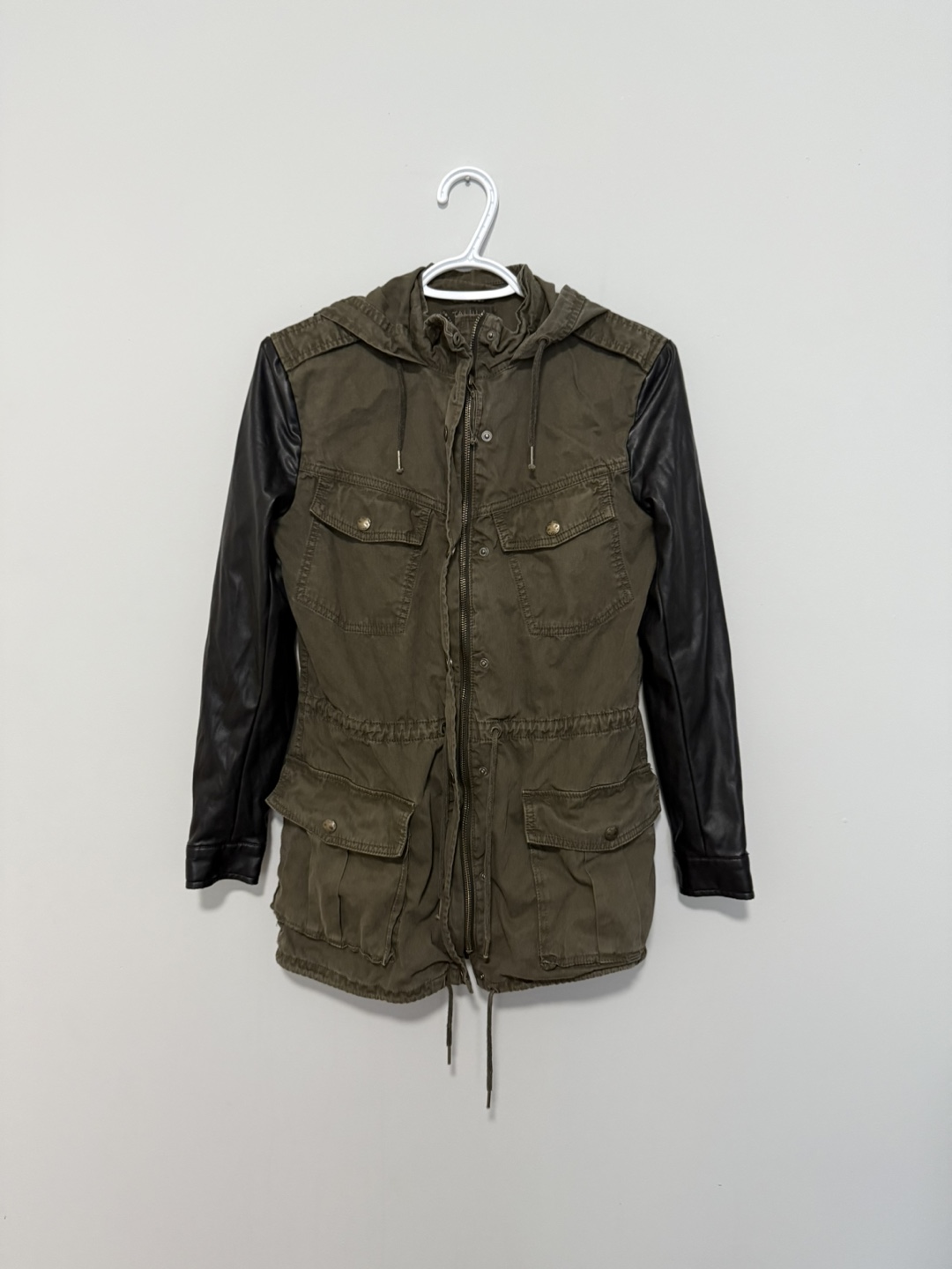 Olive Green Anorak with Faux Leather Sleeves - photo 2