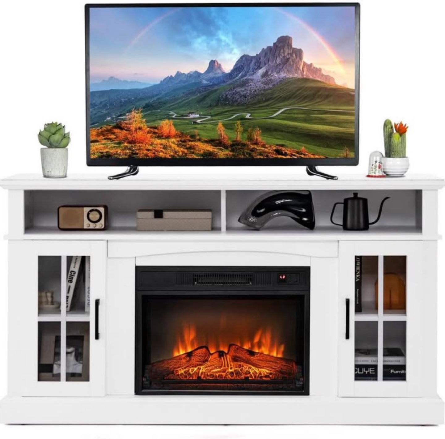 58" White Electric Fireplace TV Stand with Remote