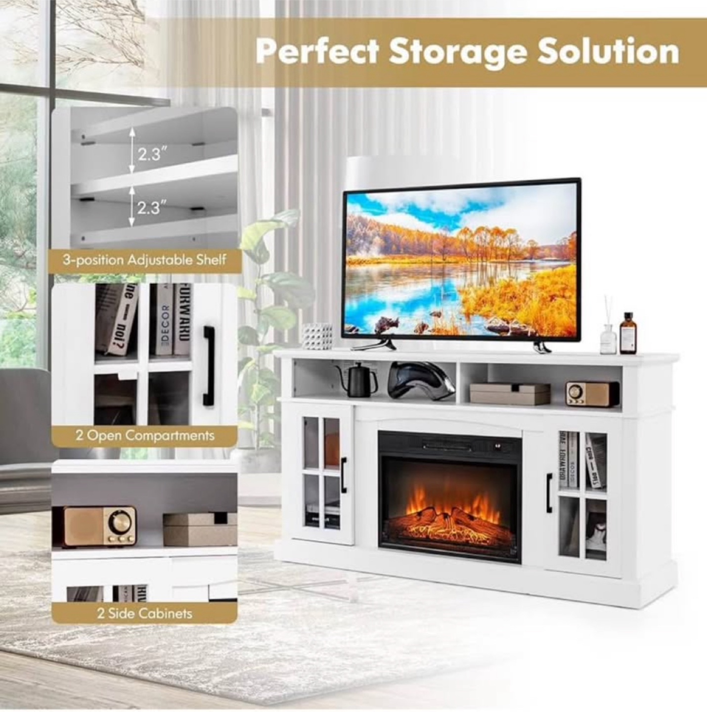 58" White Electric Fireplace TV Stand with Remote - photo 4