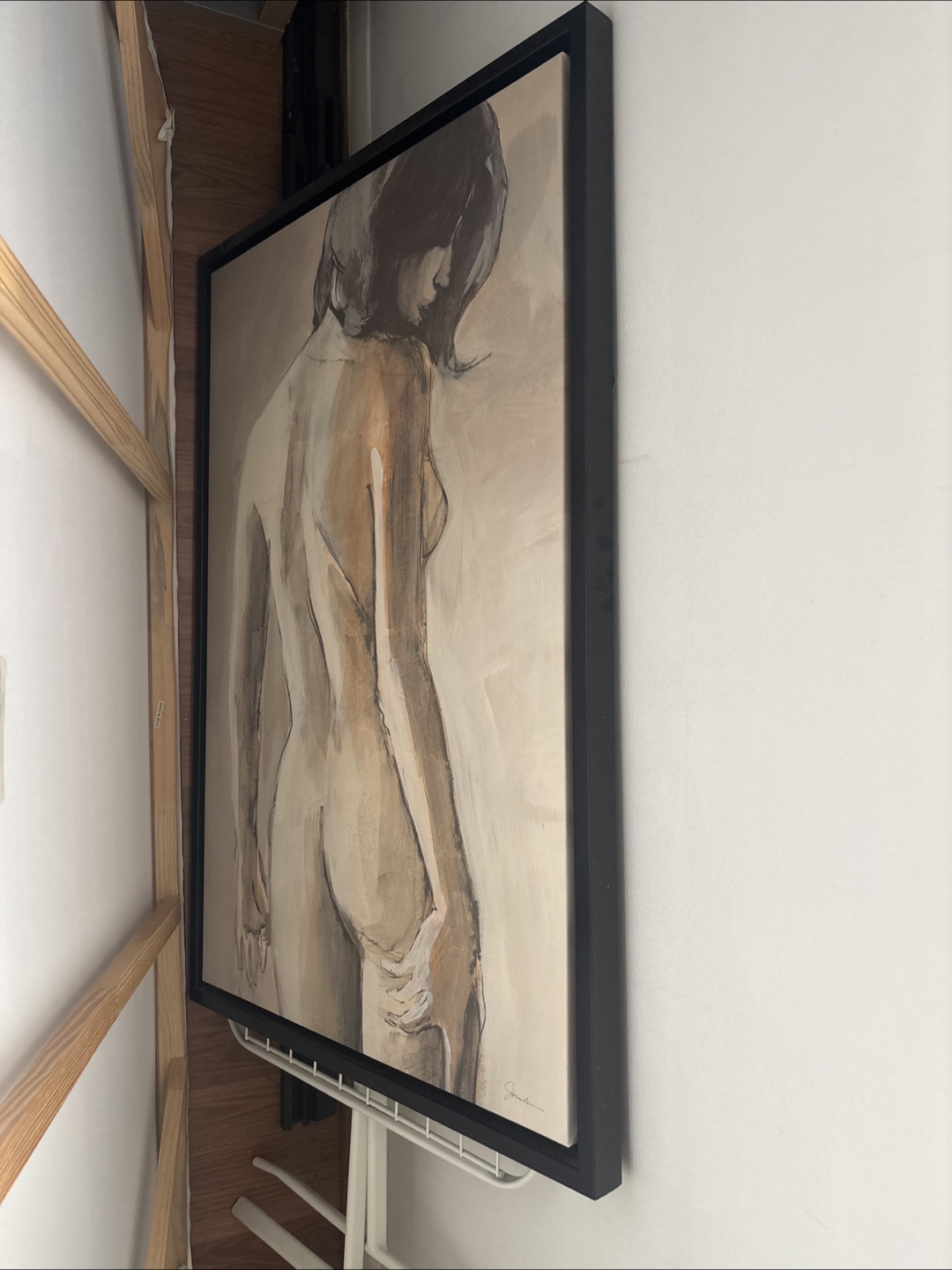 Large Abstract Figure Painting in Black Frame