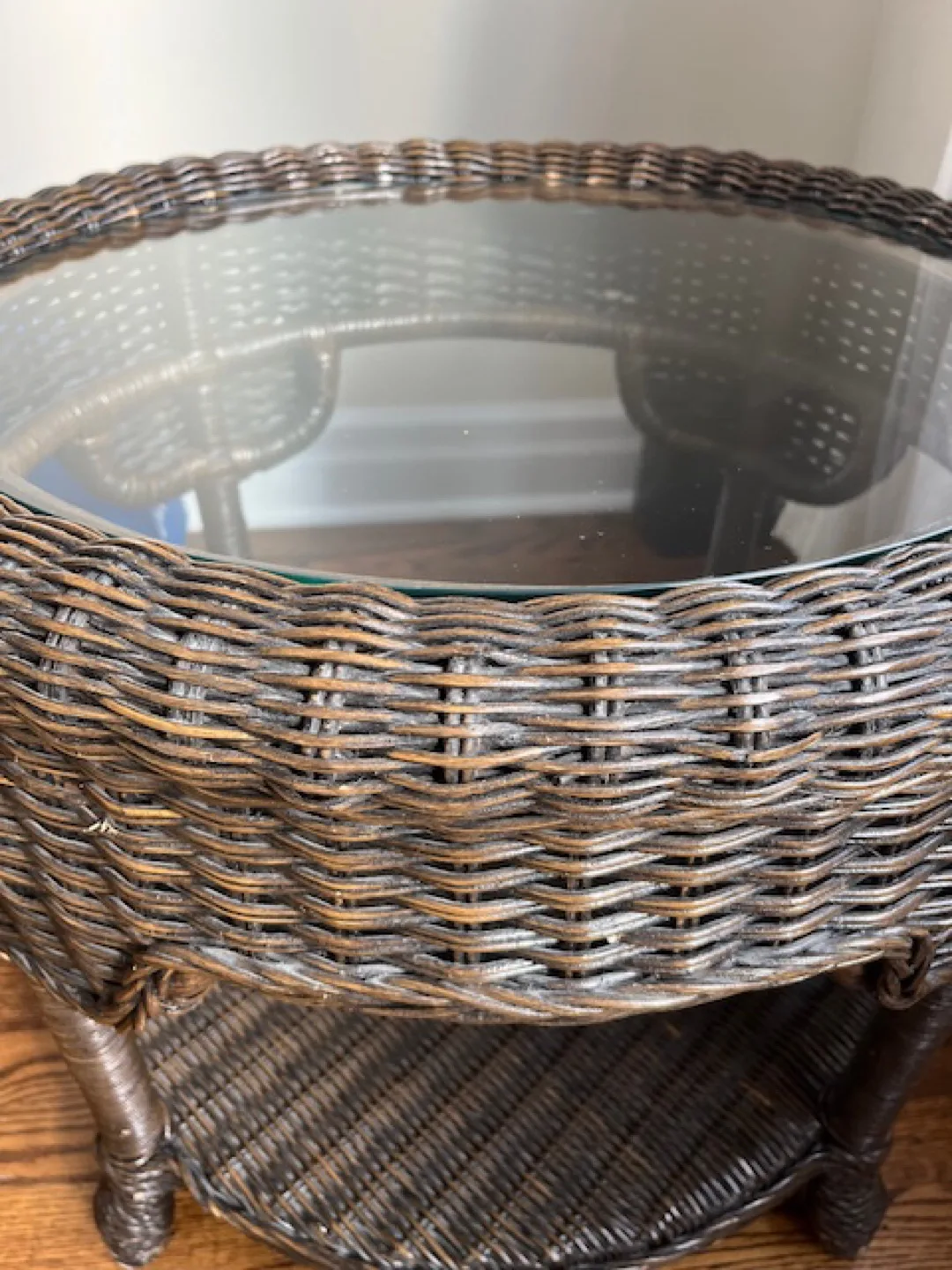 Pair of Round Rattan End Tables ($25 for both) with Glass Tops image indicator(4)