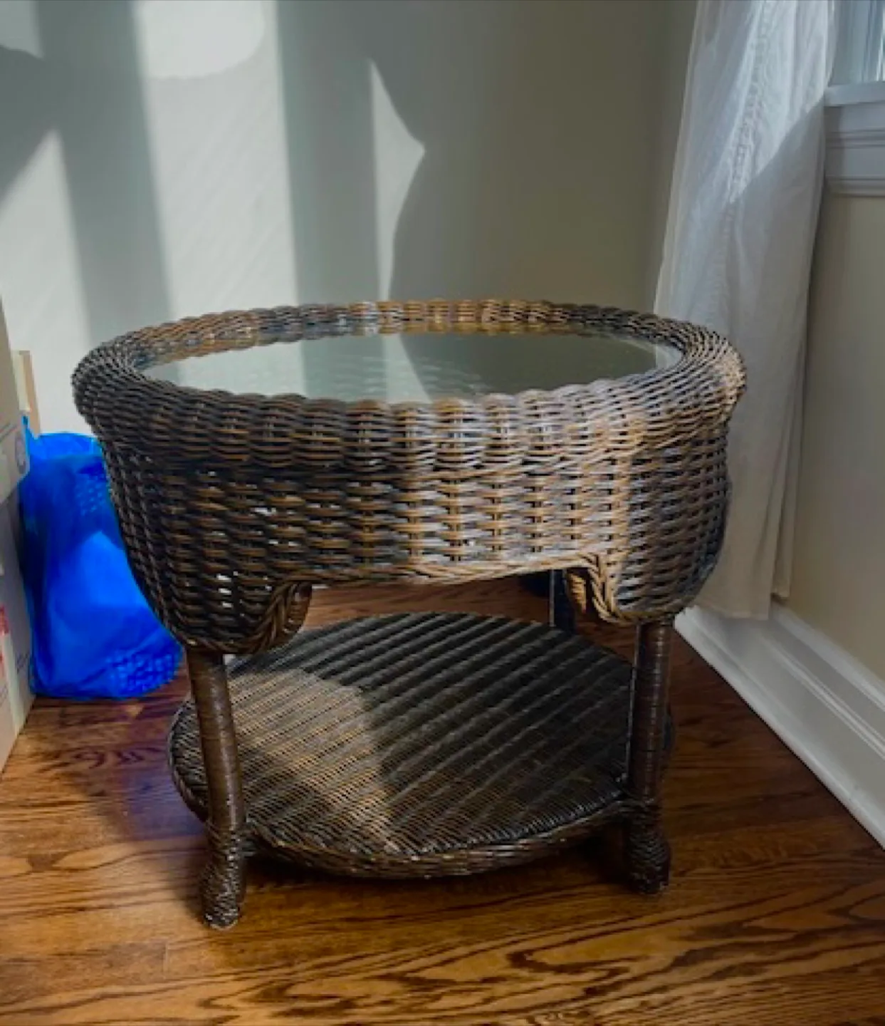 Pair of Round Rattan End Tables ($25 for both) with Glass Tops image indicator(3)