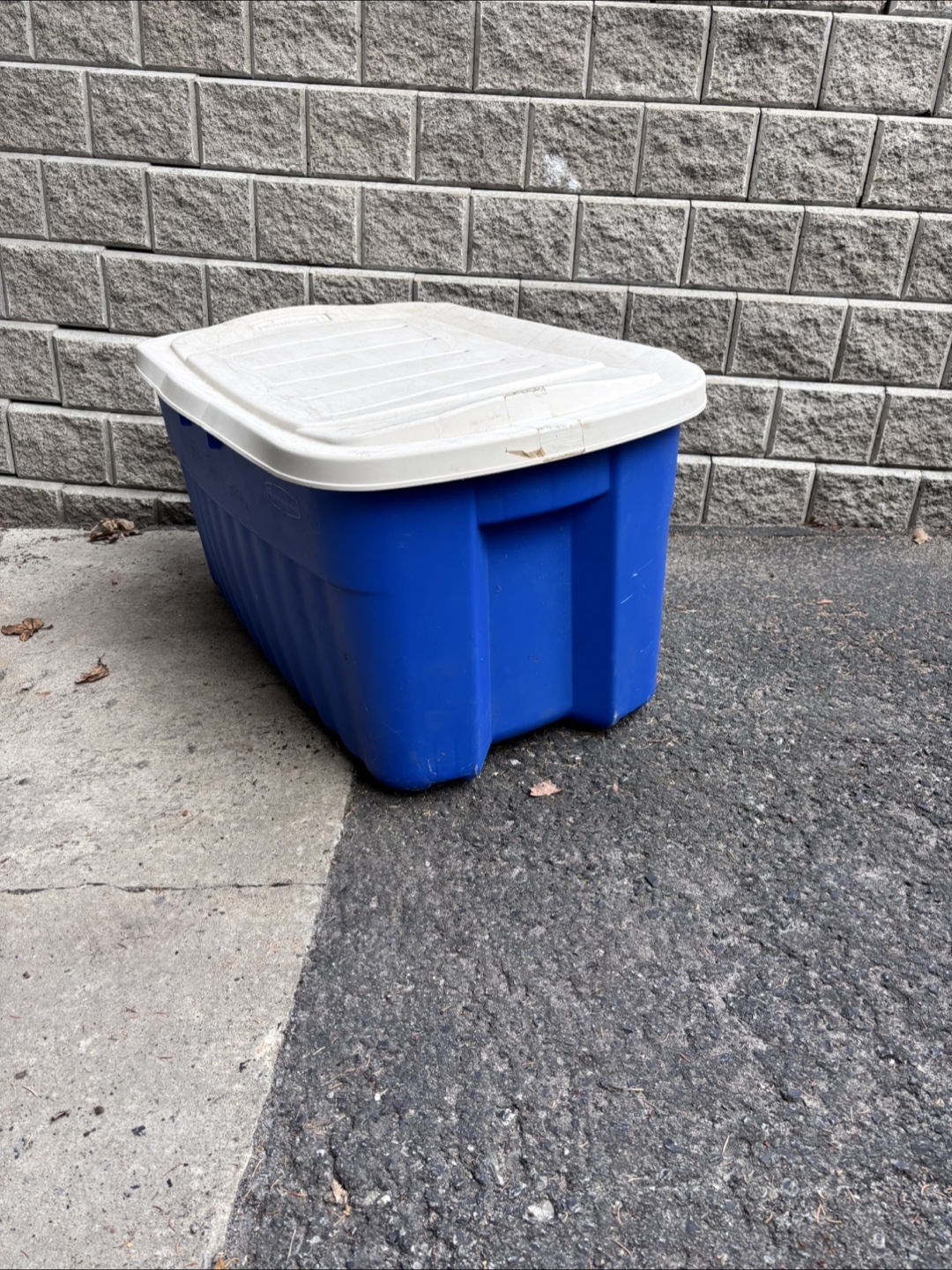 Blue and Beige Plastic Storage Bin with Lid