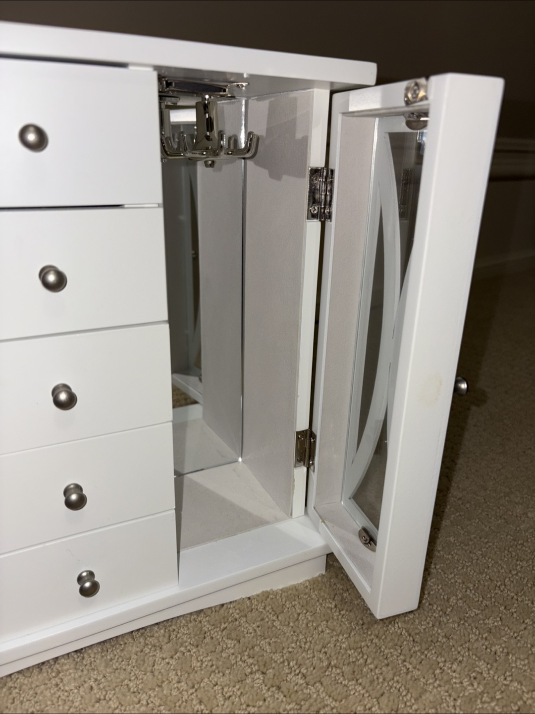 White Wooden Jewellery Armoire with Drawers and Mirror - photo 3