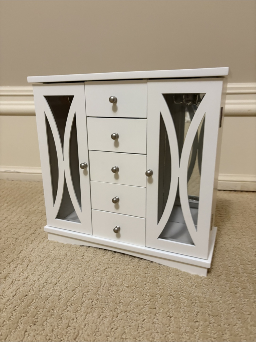 White Wooden Jewellery Armoire with Drawers and Mirror