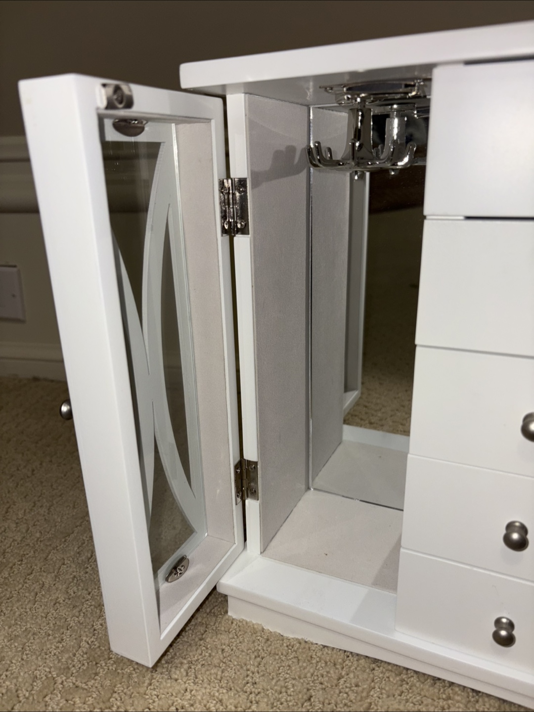 White Wooden Jewellery Armoire with Drawers and Mirror - photo 2