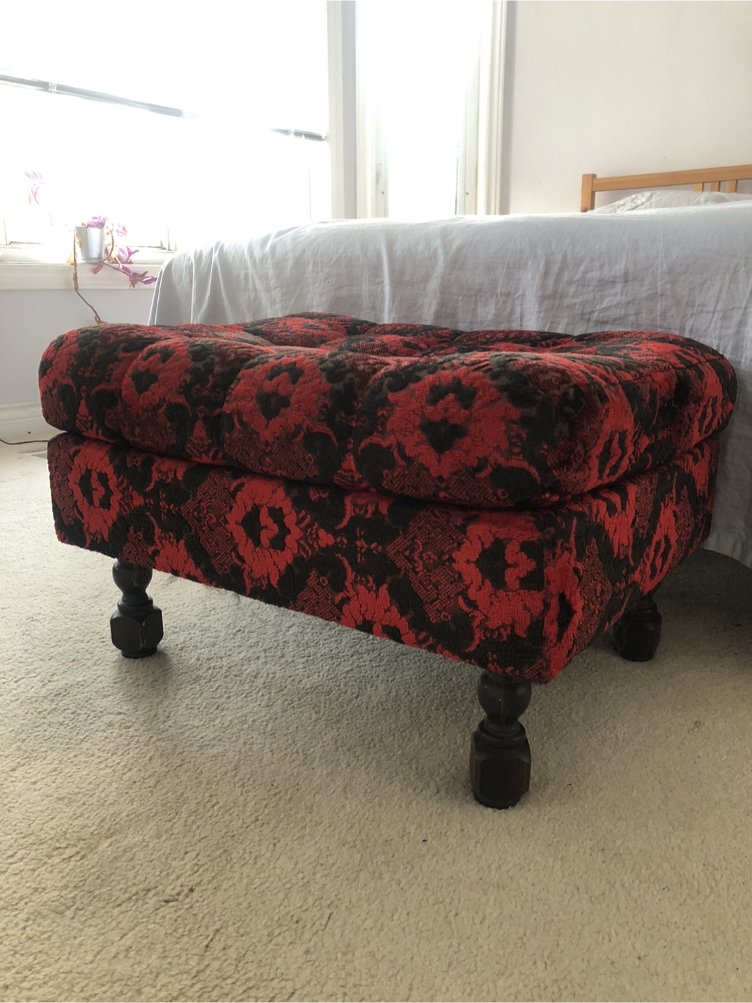 Vintage Red and Black Upholstered Ottoman