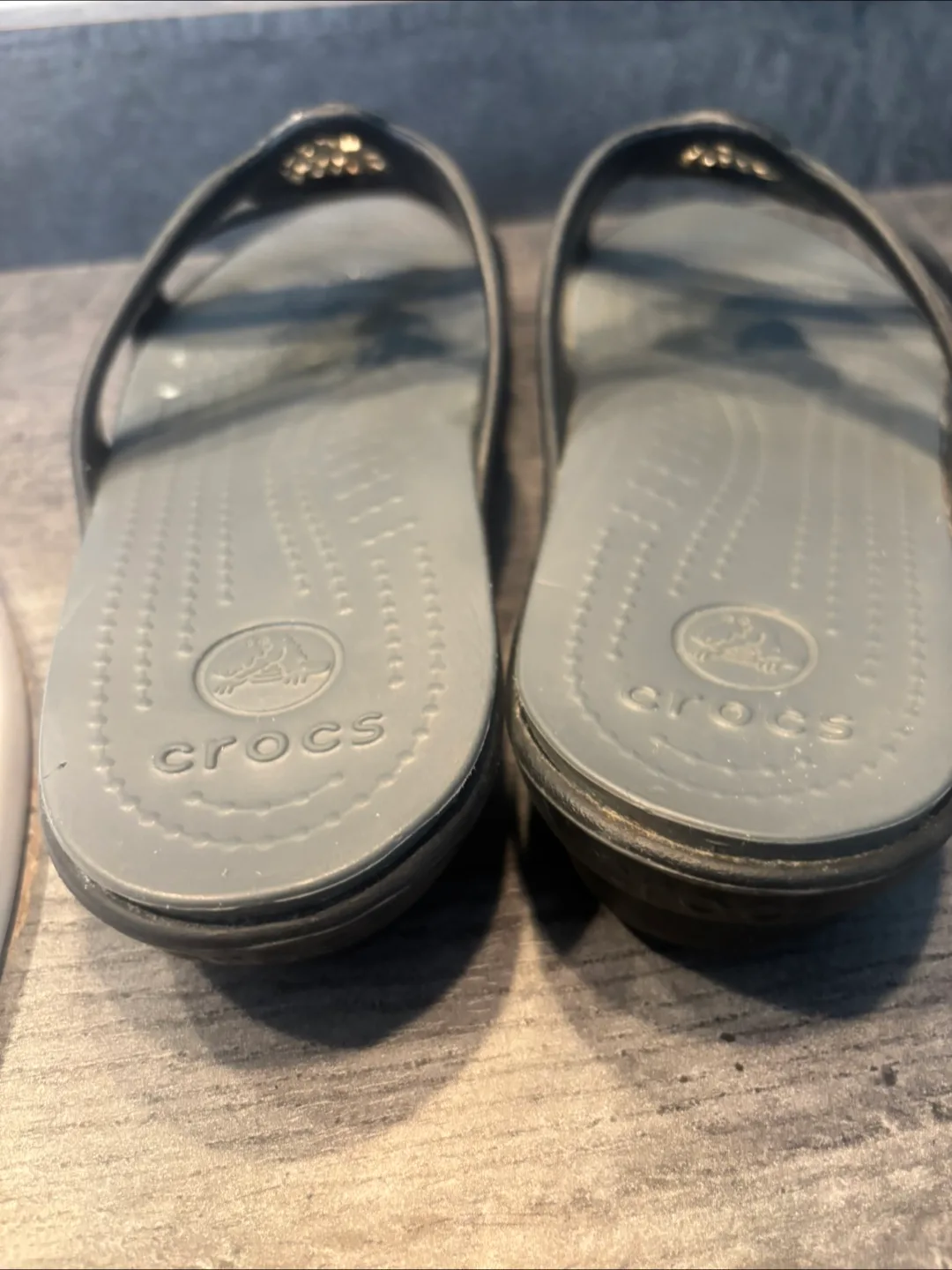 Crocs Black and Grey Wedge Sandals with Gold Detail image indicator(6)
