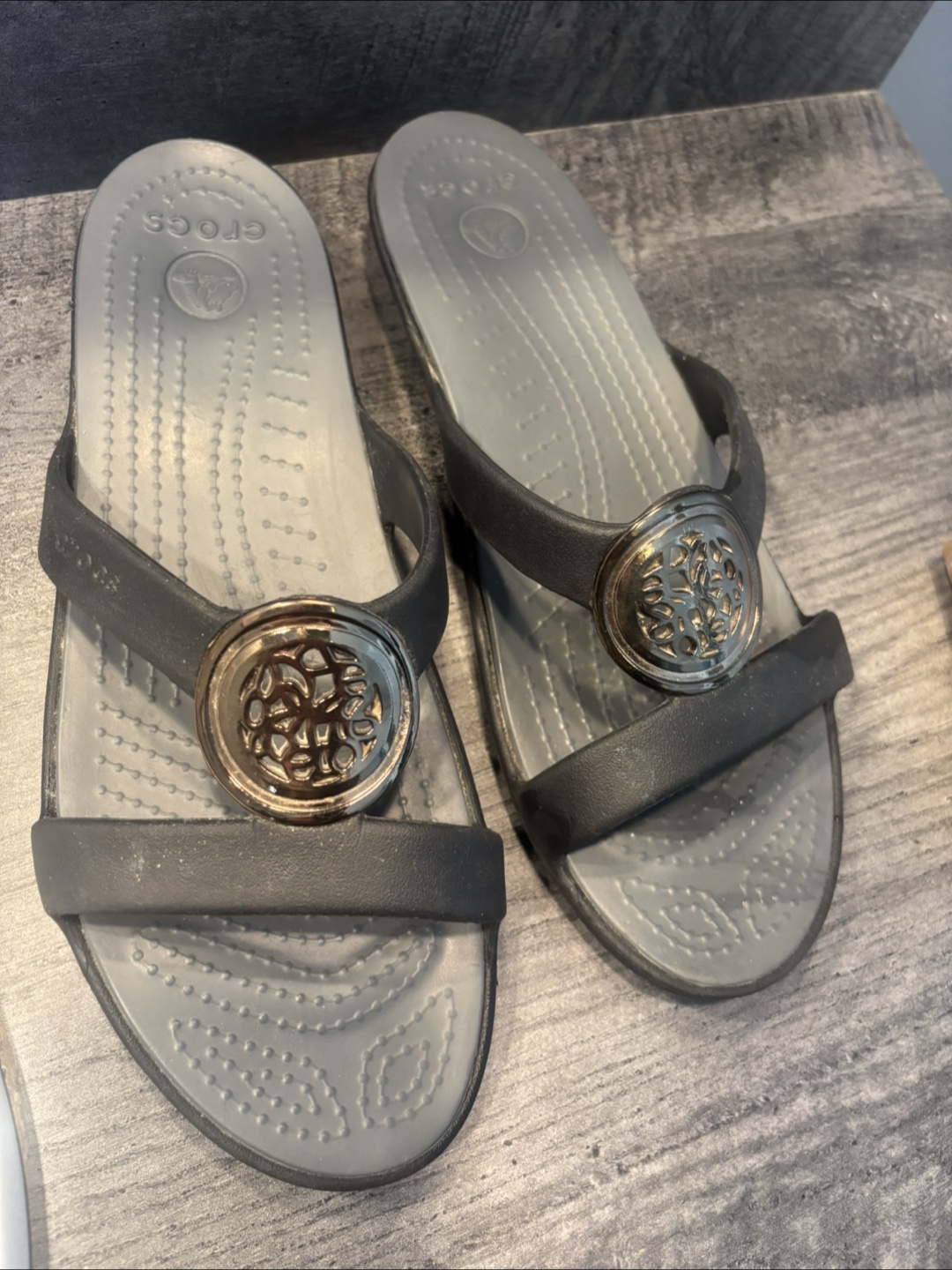Crocs Black and Grey Wedge Sandals with Gold Detail