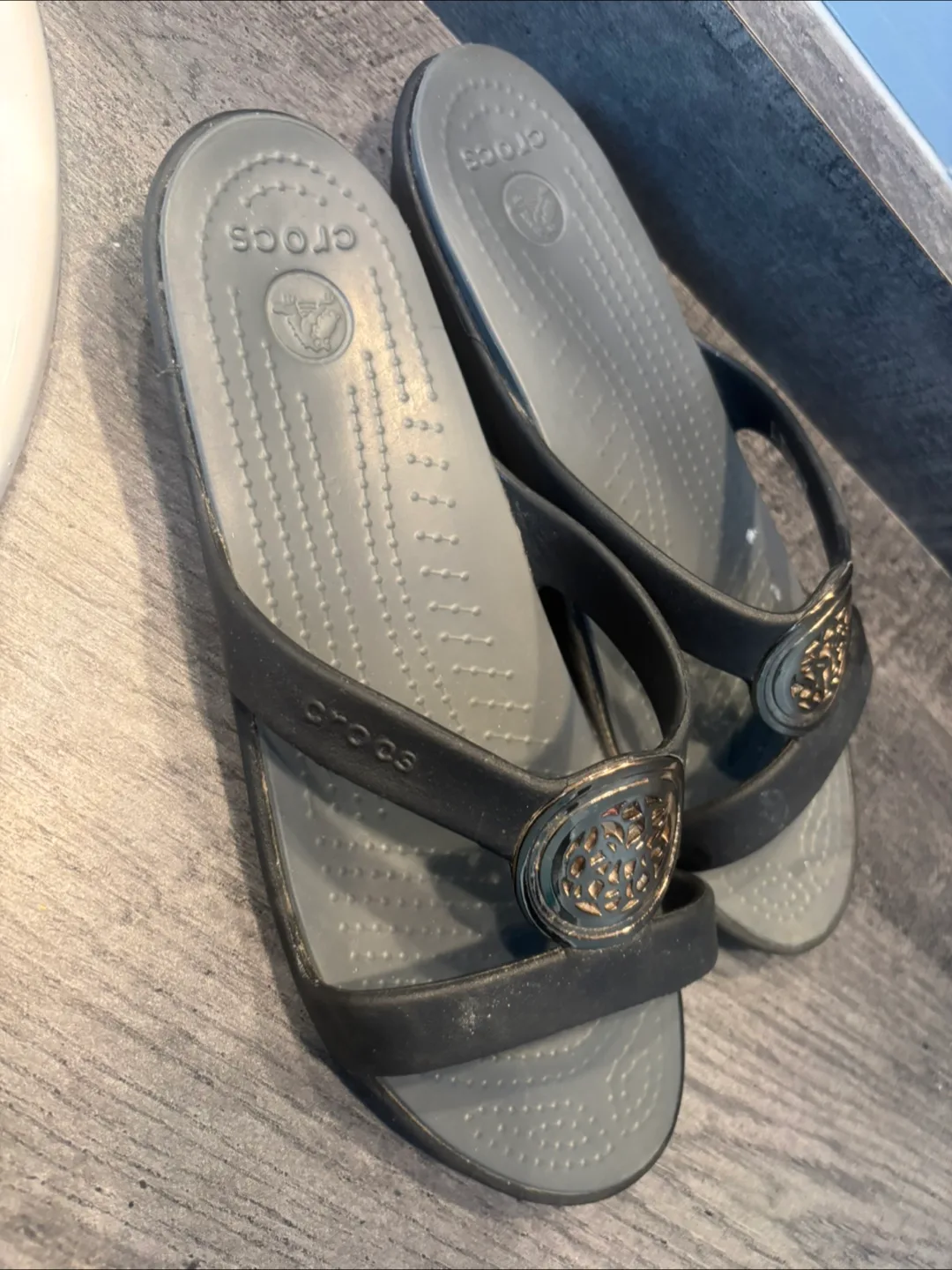 Crocs Black and Grey Wedge Sandals with Gold Detail image indicator(4)