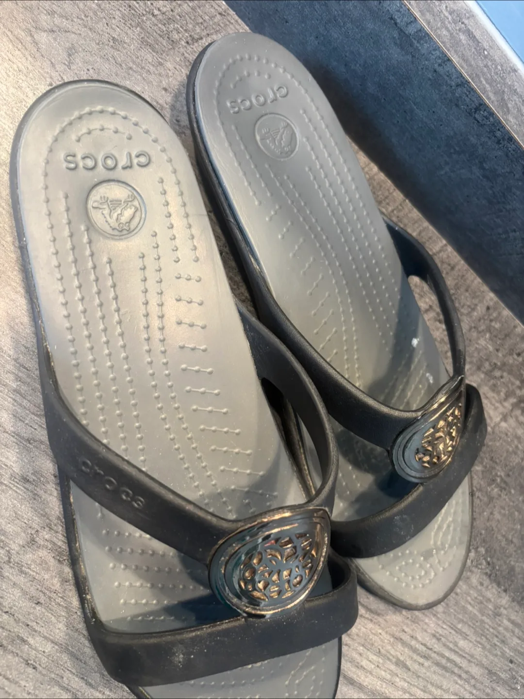 Crocs Black and Grey Wedge Sandals with Gold Detail image indicator(5)