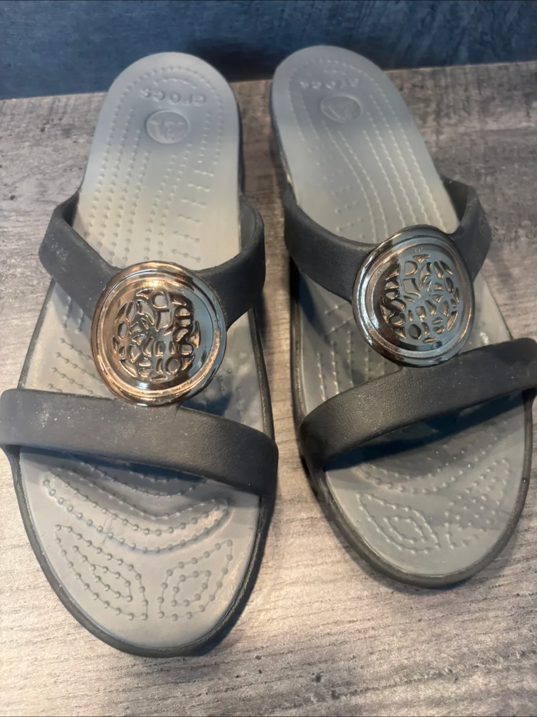 Crocs Black and Grey Wedge Sandals with Gold Detail image indicator(3)