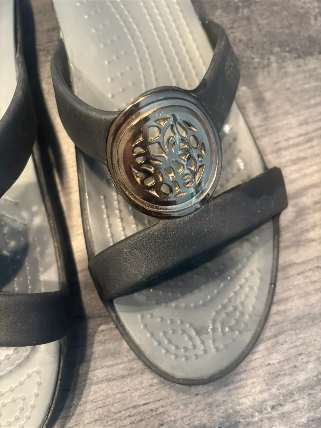 Crocs Black and Grey Wedge Sandals with Gold Detail image indicator(2)