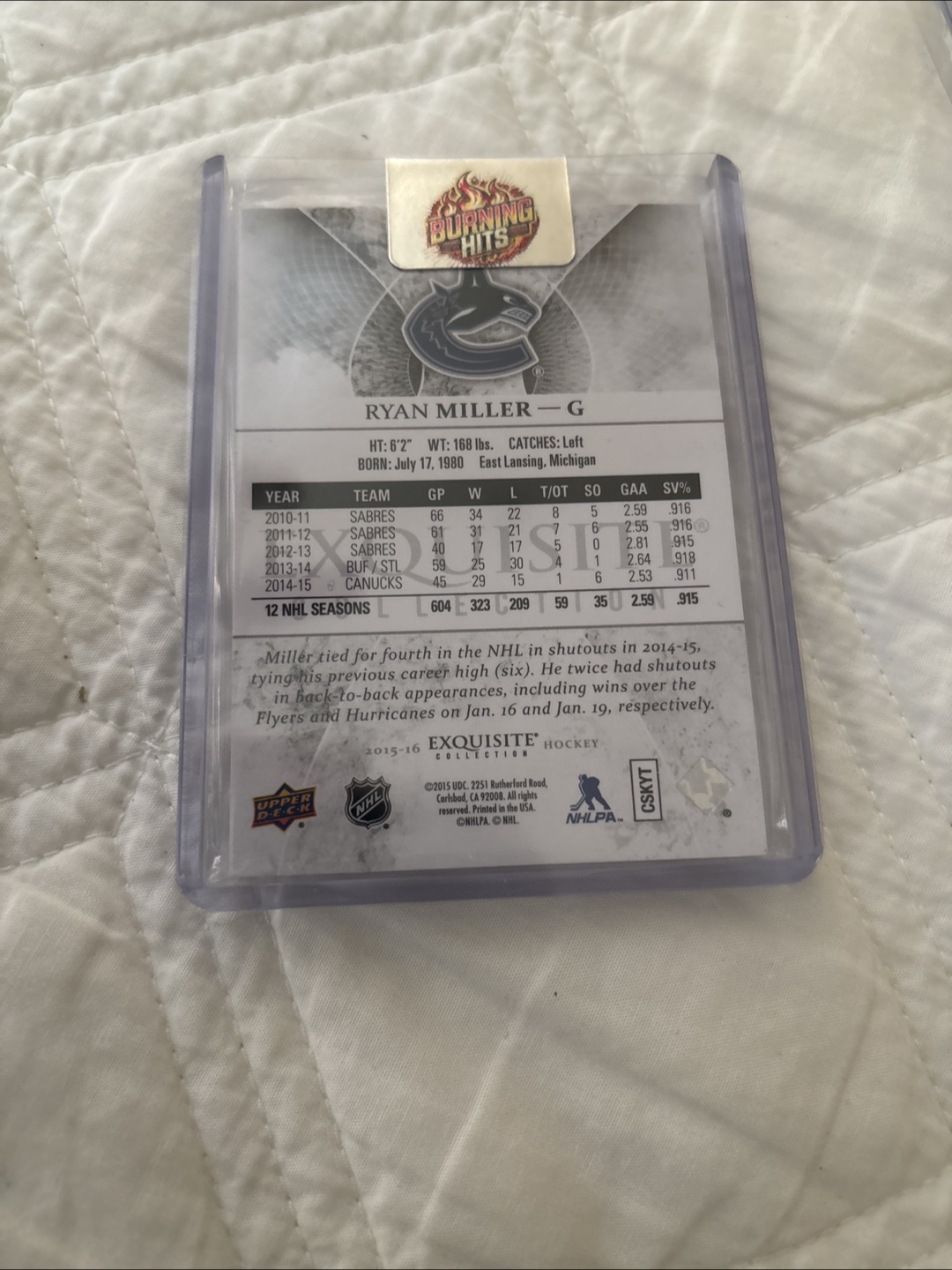Ryan Miller Exquisite Collection Hockey Card - photo 2
