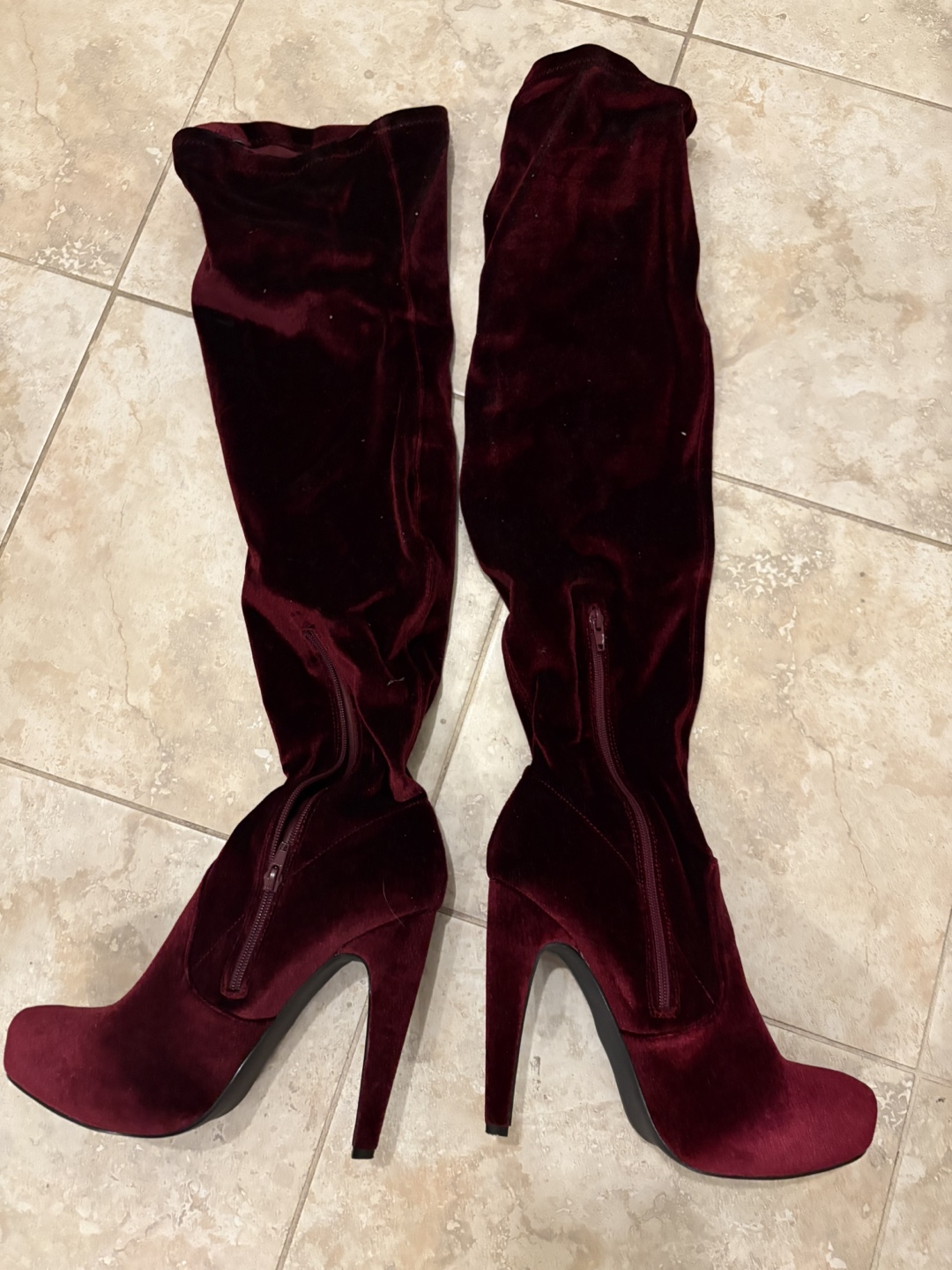 Burgundy Velvet Over-the-Knee Boots