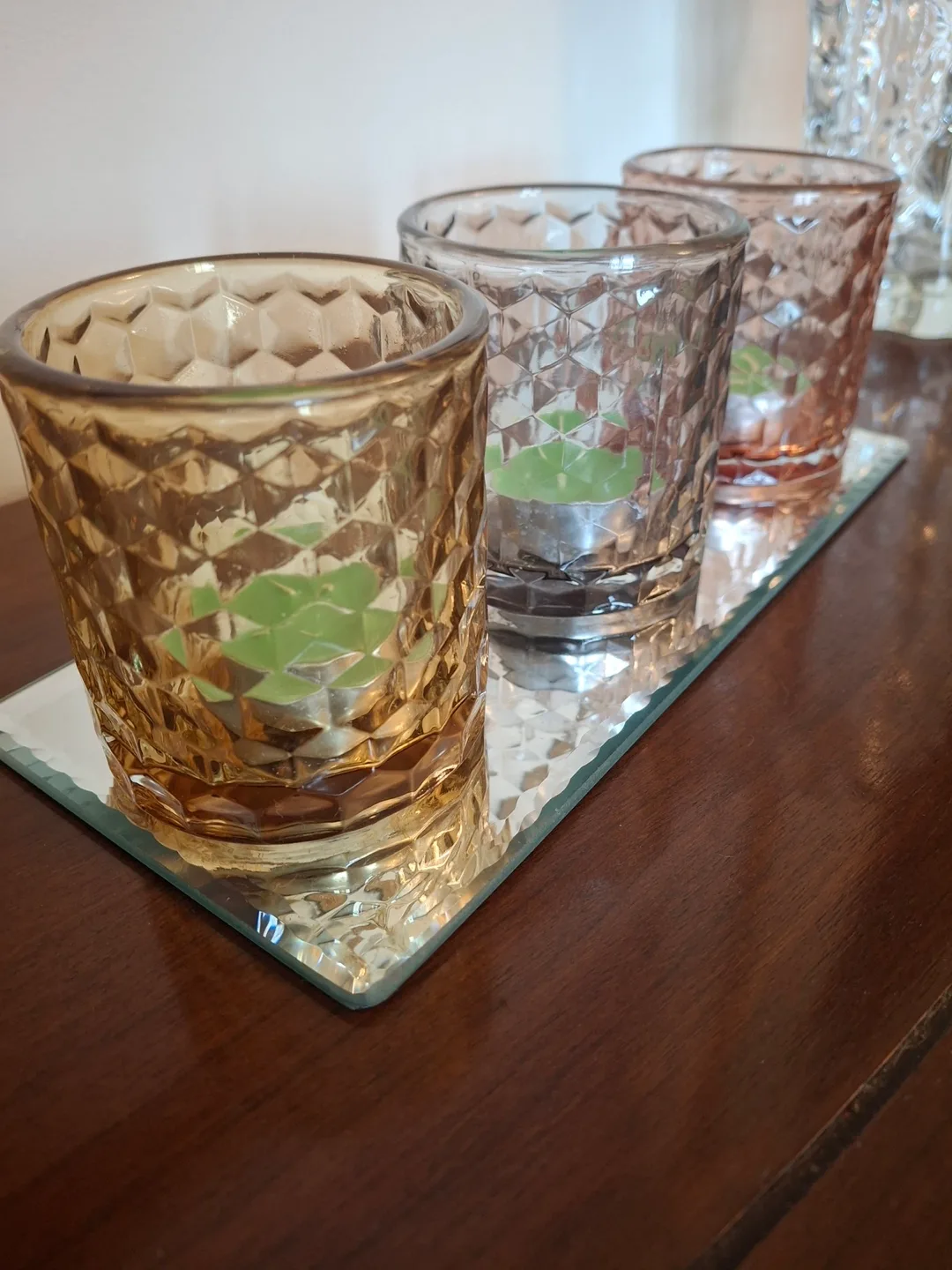 3 coloured glass votive holders with mirror tray image indicator(2)