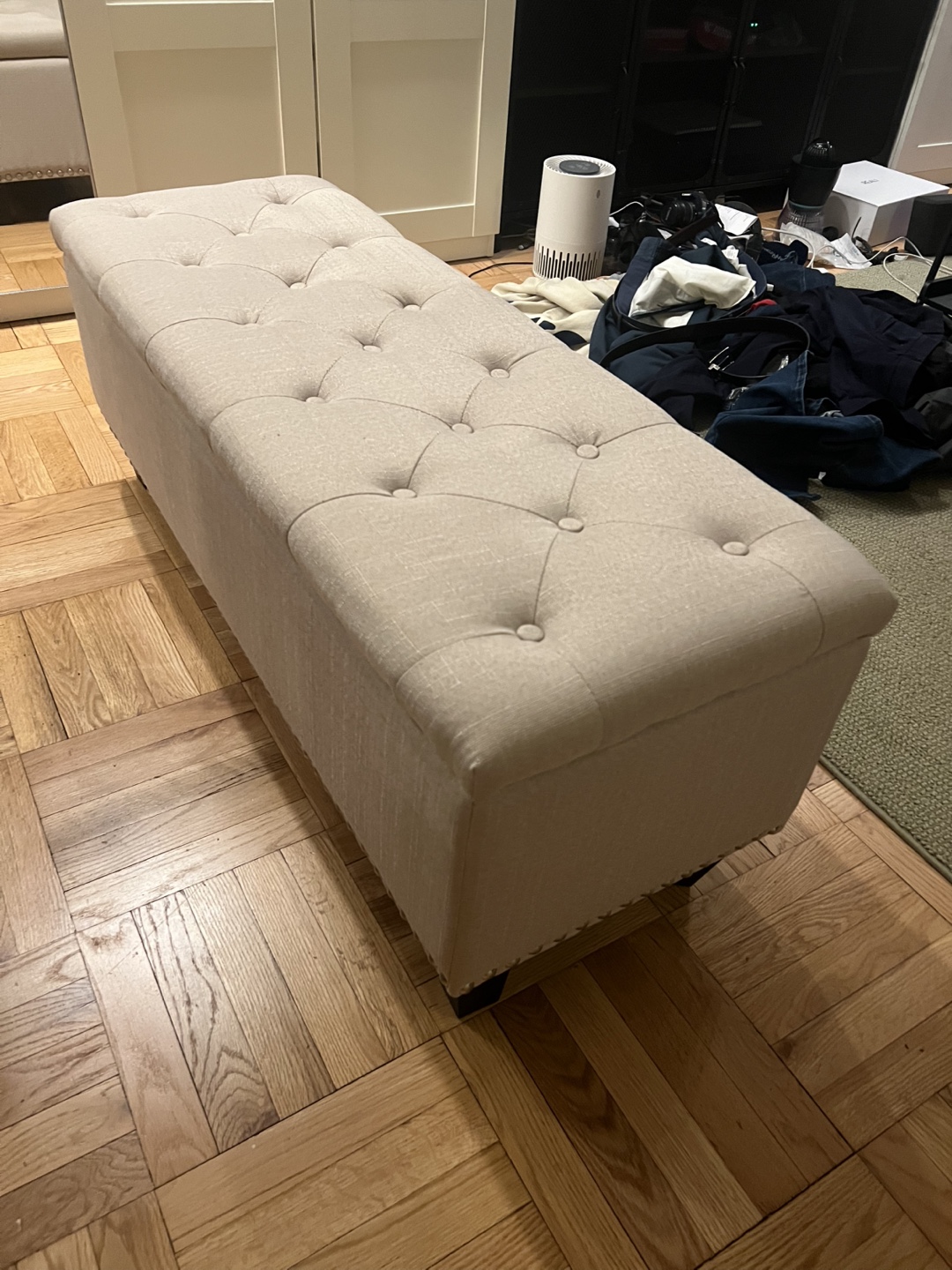 Beige Linen Storage Ottoman Bench