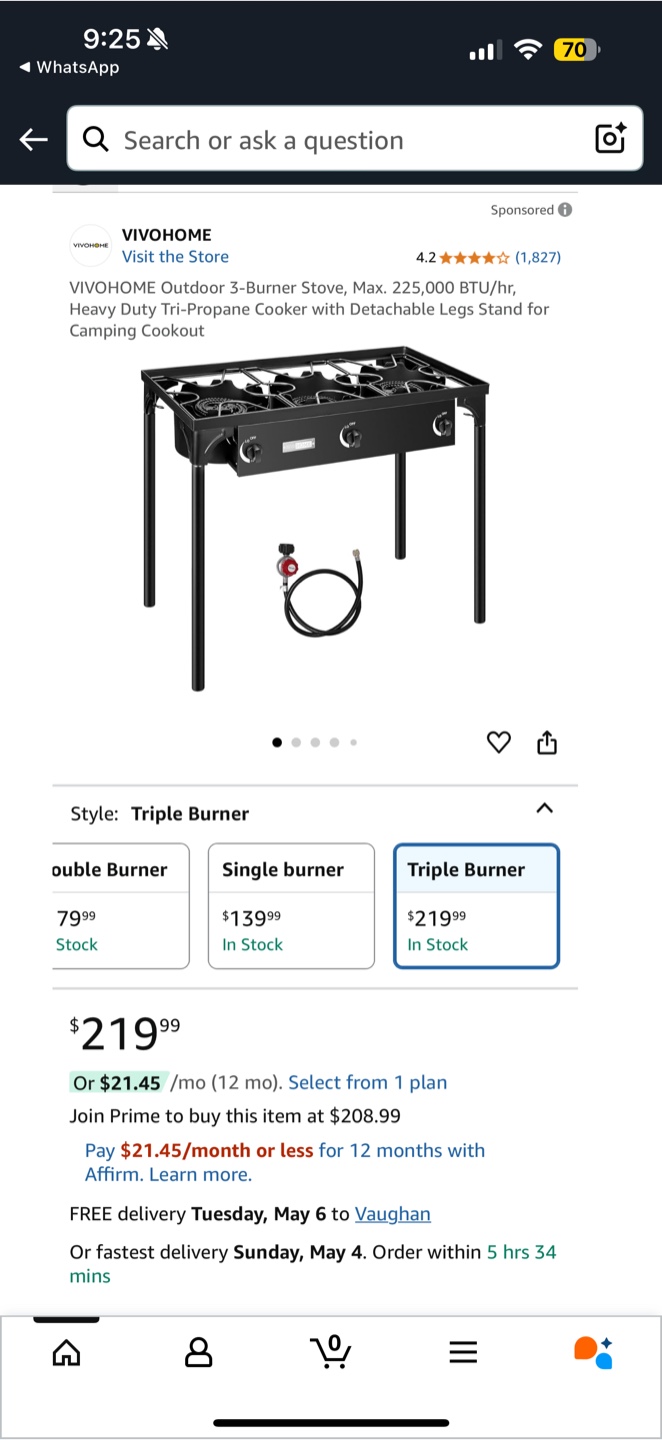 VIVOHOME Outdoor 3-Burner Propane Stove
