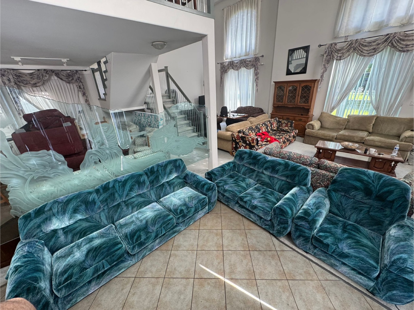 Vintage Teal Velvet Sofa and Loveseat Set of 3