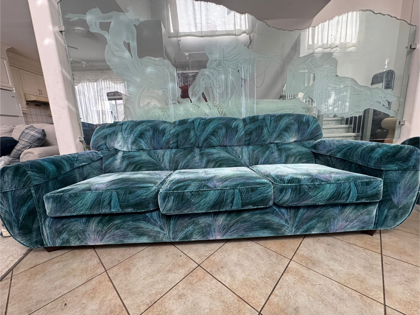 Vintage Teal Velvet Sofa and Loveseat Set of 3 - photo 2