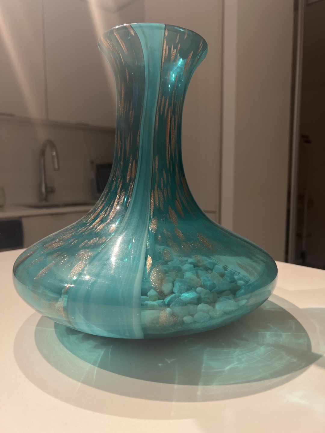 Teal Glass Vase with Gold Accents