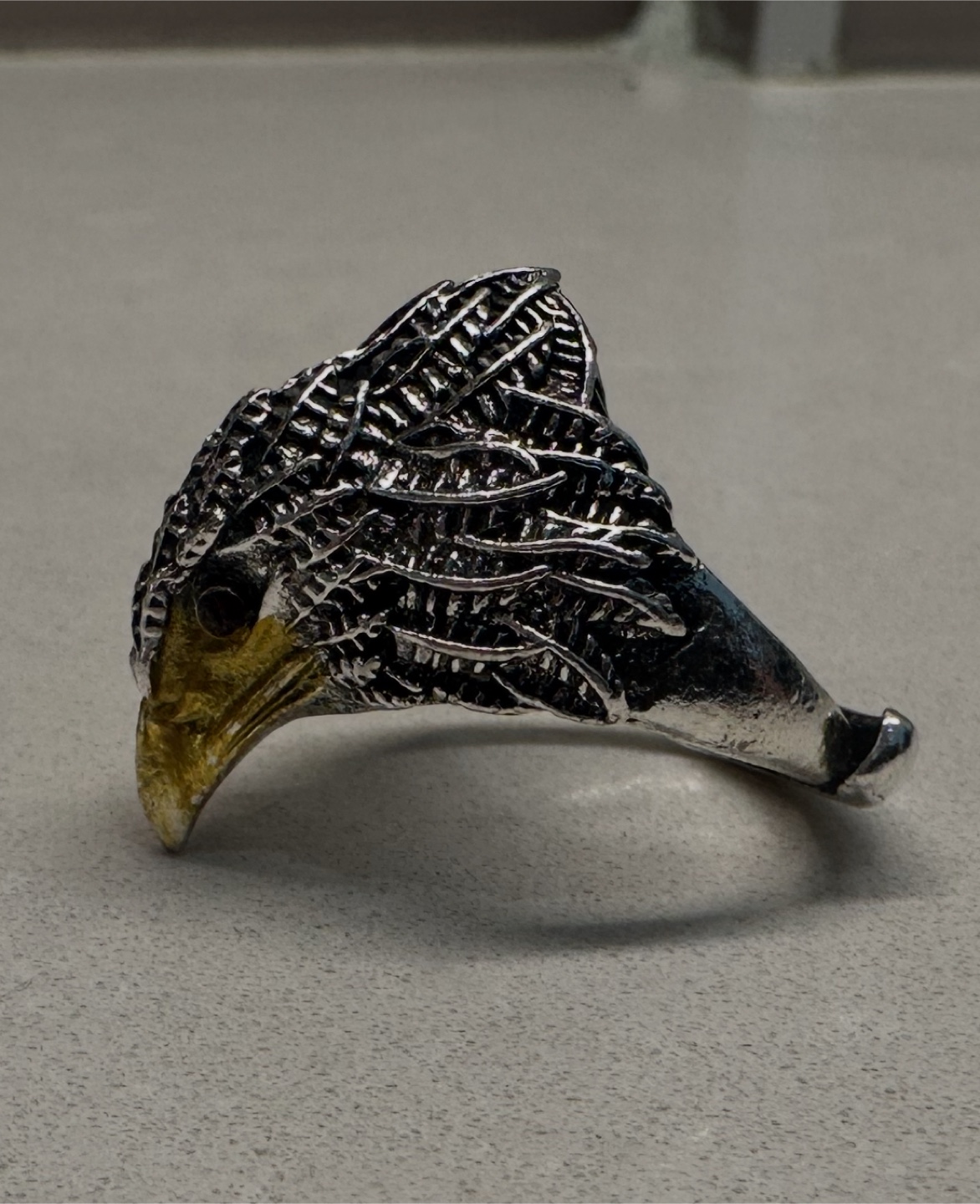 Men's Eagle Head Ring, Silver Tone with Red Stones