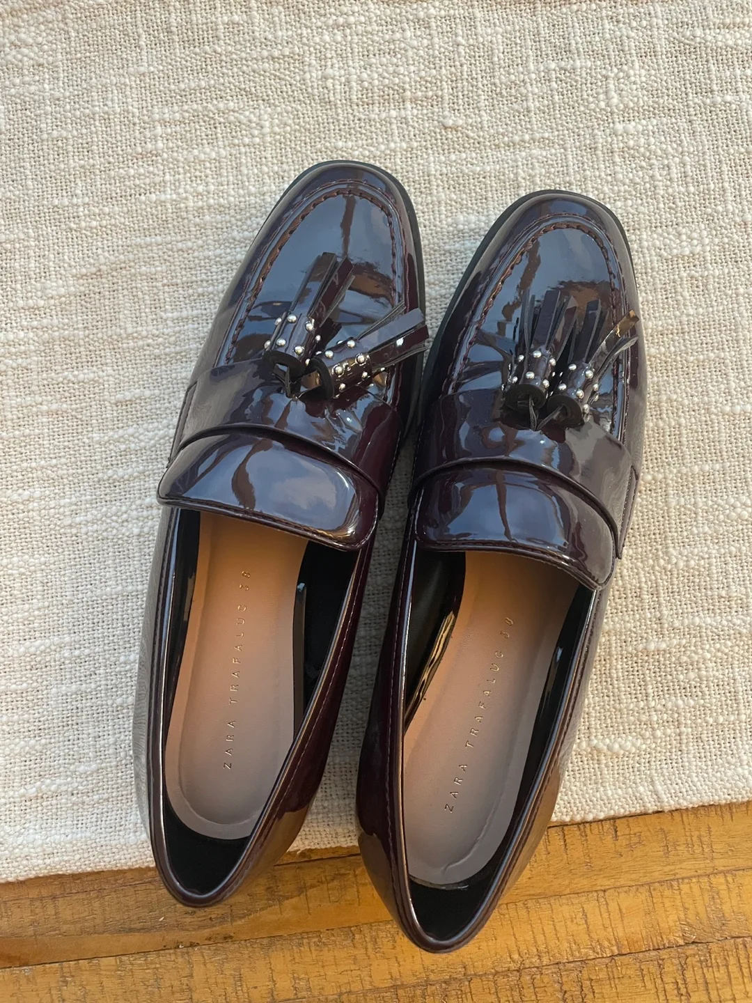 Zara Trafaluc Burgundy Leather Loafers with Tassels - Size 39 thumbnail