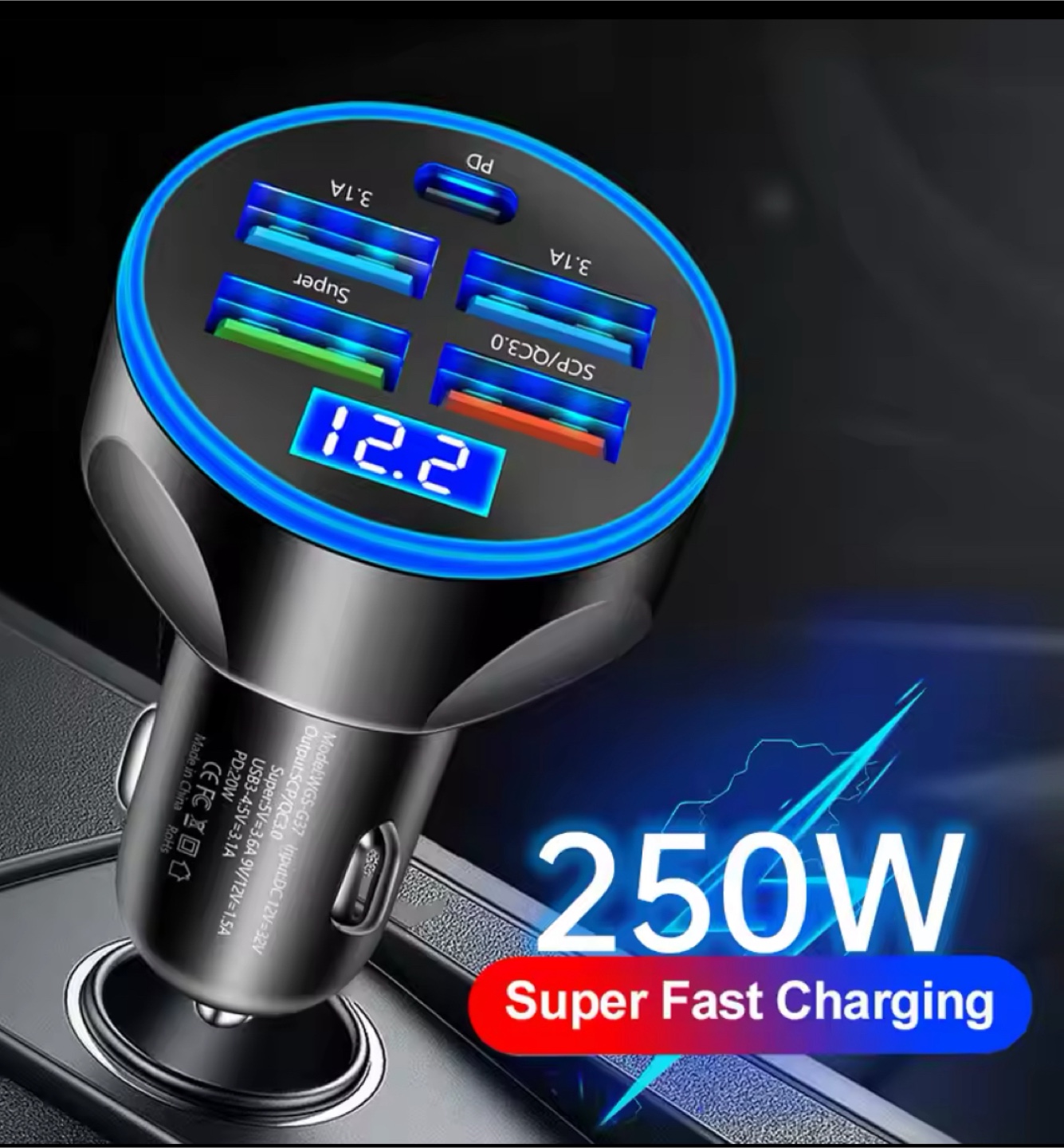 250W Super Fast Car Charger with 4 Ports