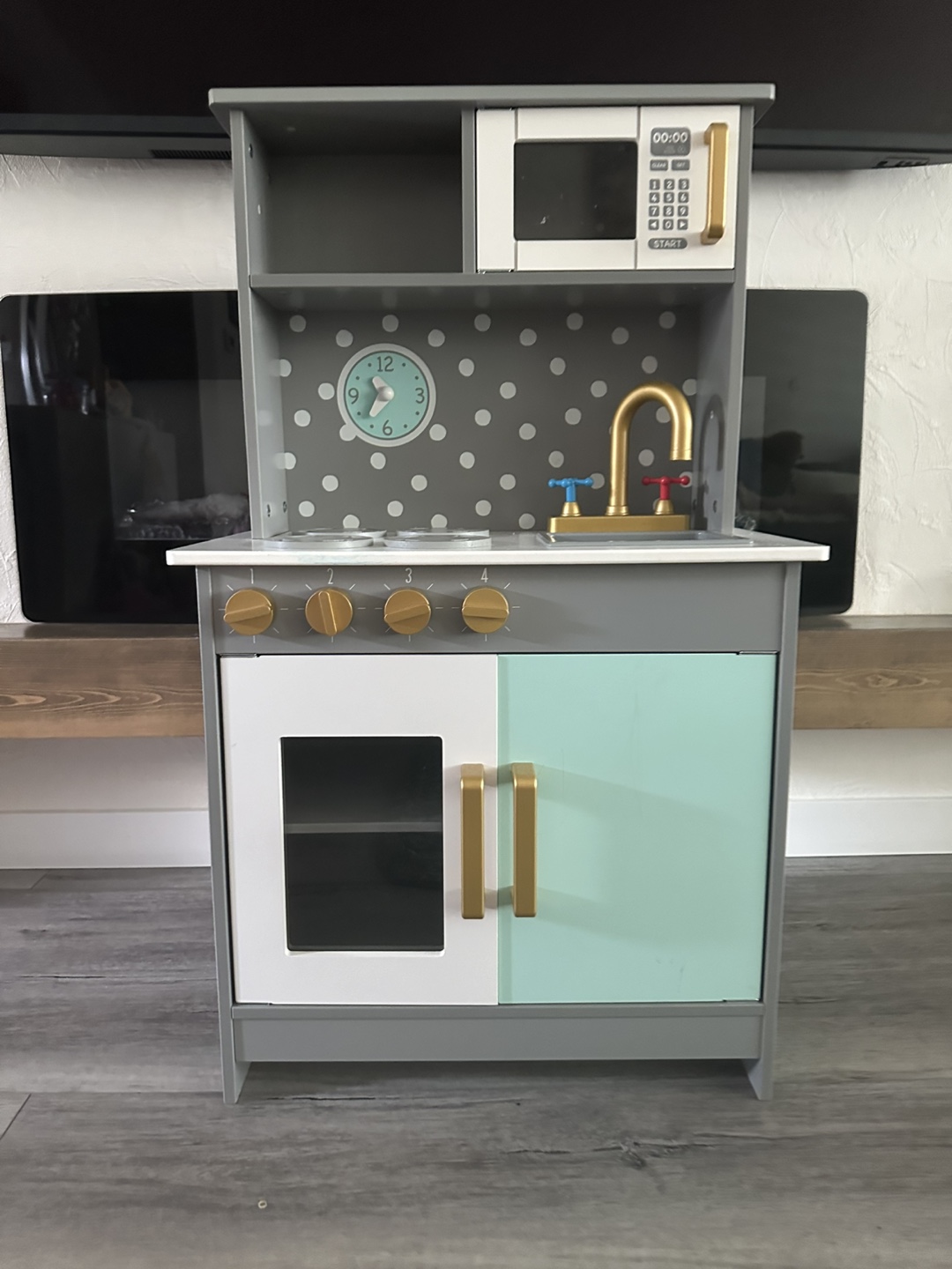 Kids Wooden Play Kitchen - Grey and Mint