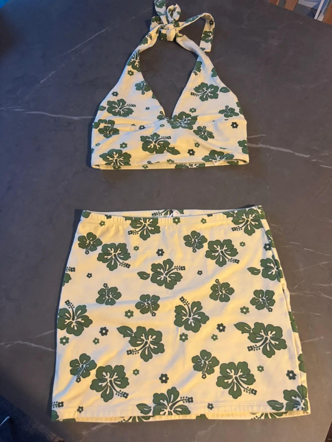 Garage Two-Piece Outfit: Hibiscus Print Halter Top & Mini Skirt thumbnail