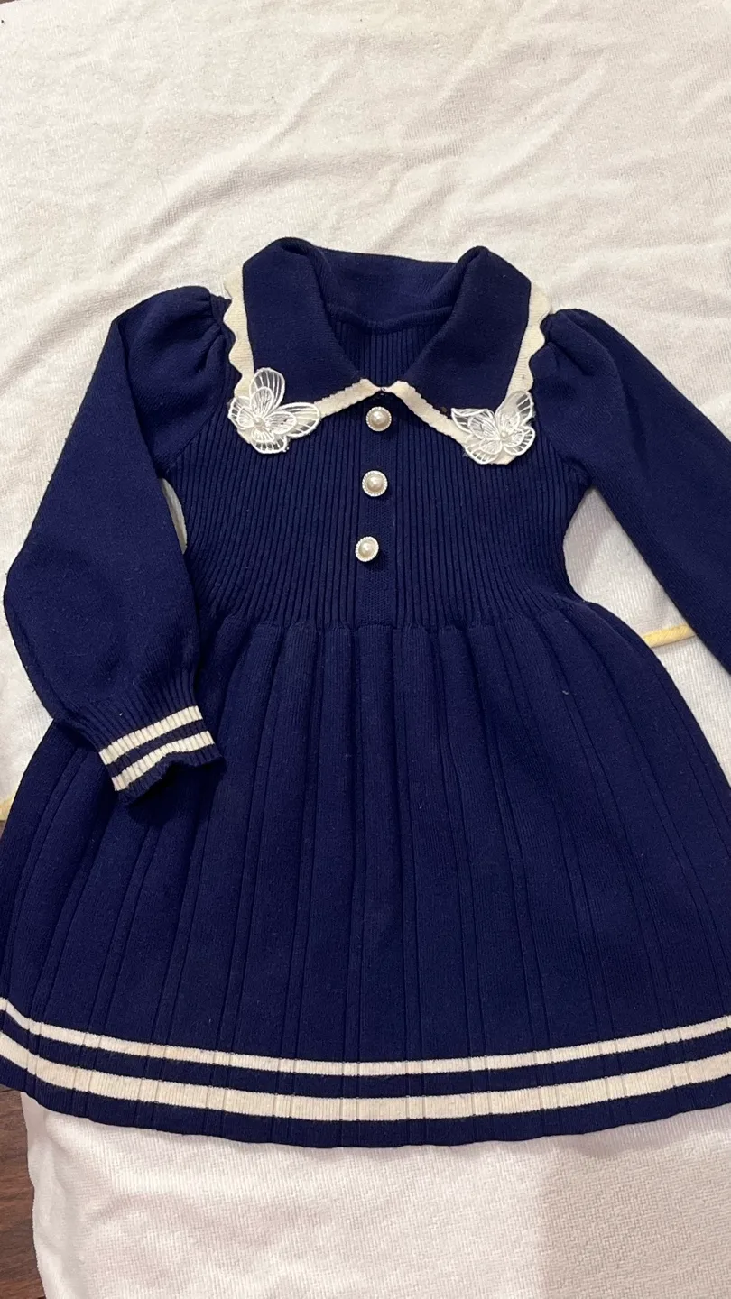 Girls' Dark Blue Knit Dress with Peter Pan Collar thumbnail