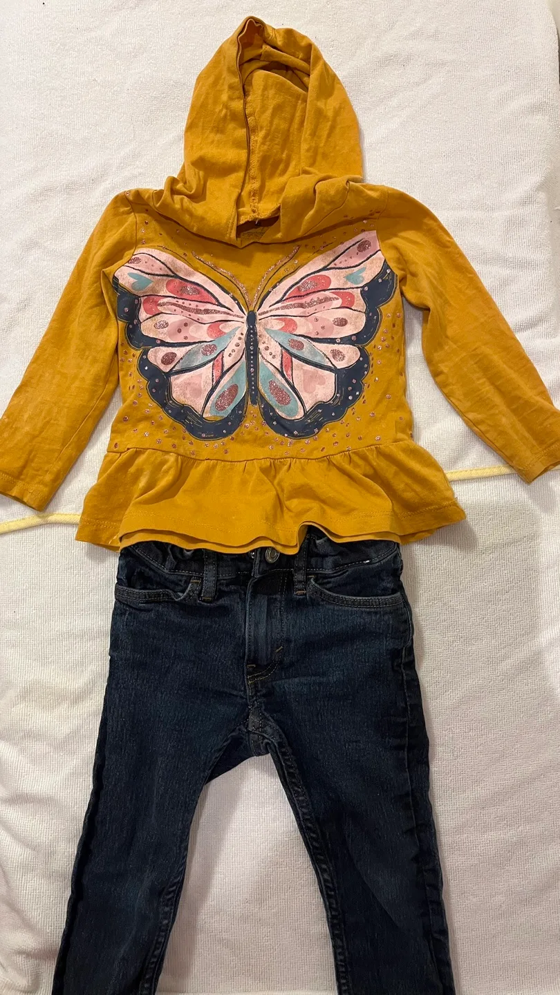 Girls' Mustard Yellow Butterfly Hoodie & Jeans Outfit thumbnail