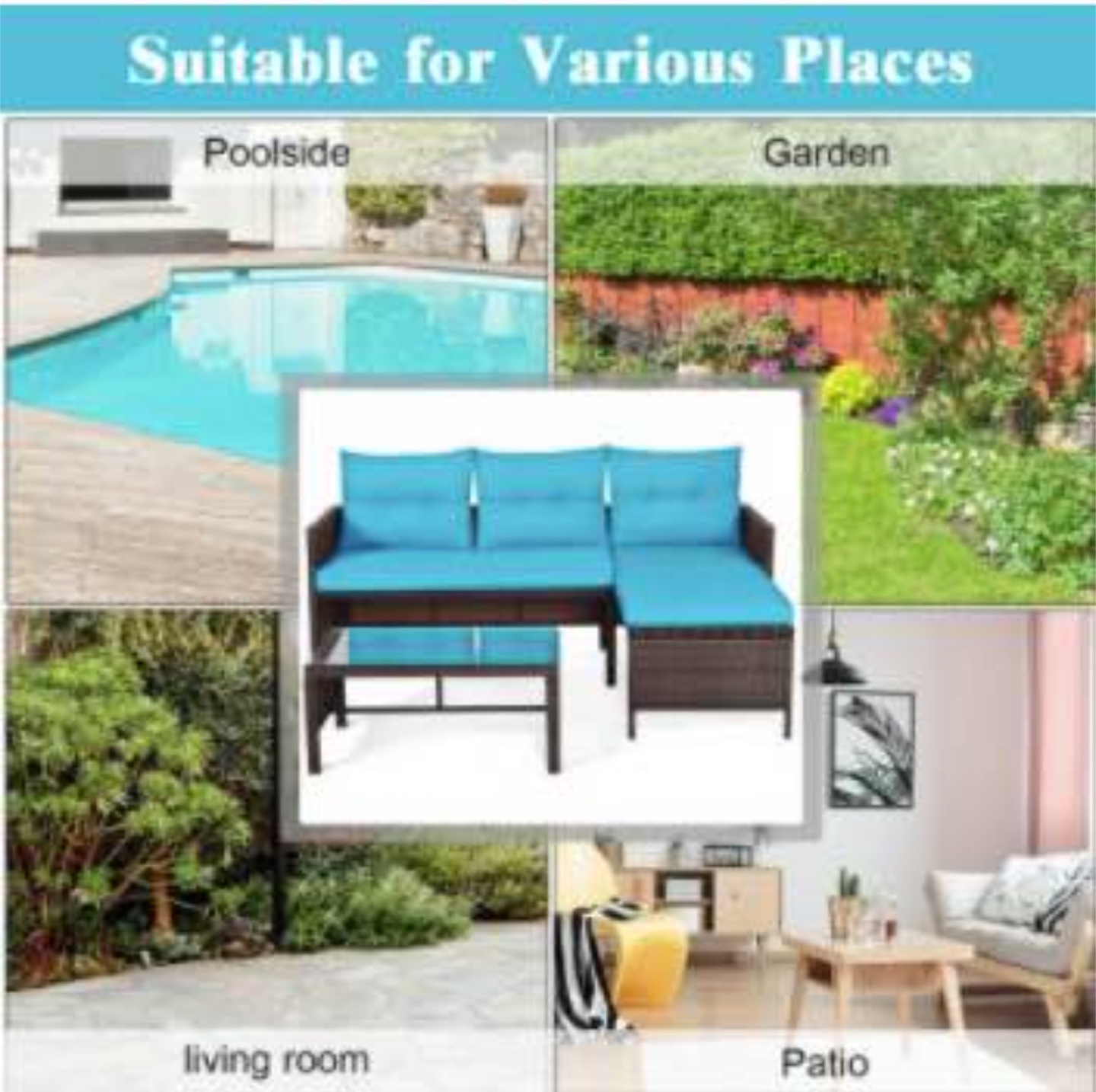 3-Piece Outdoor Wicker Sectional Sofa Set with Teal Cushions - photo 2