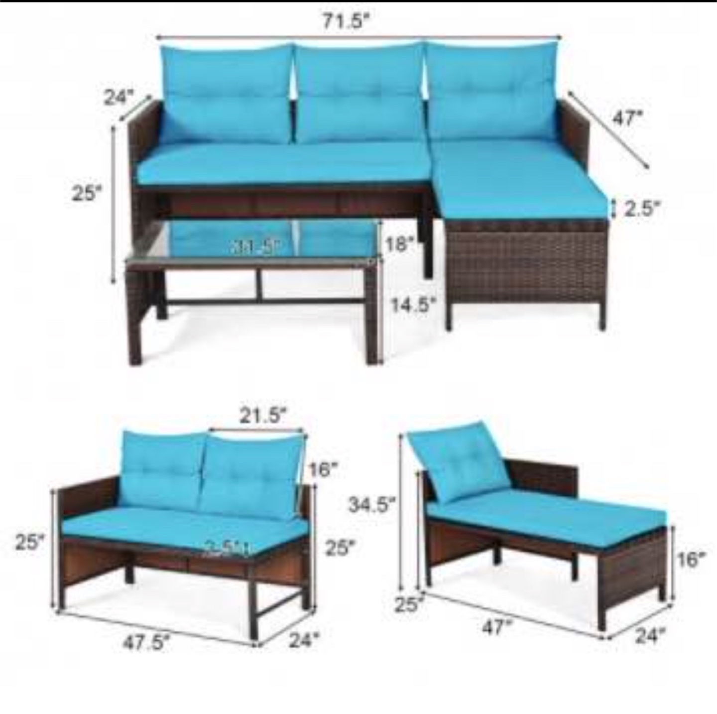 3-Piece Outdoor Wicker Sectional Sofa Set with Teal Cushions - photo 5