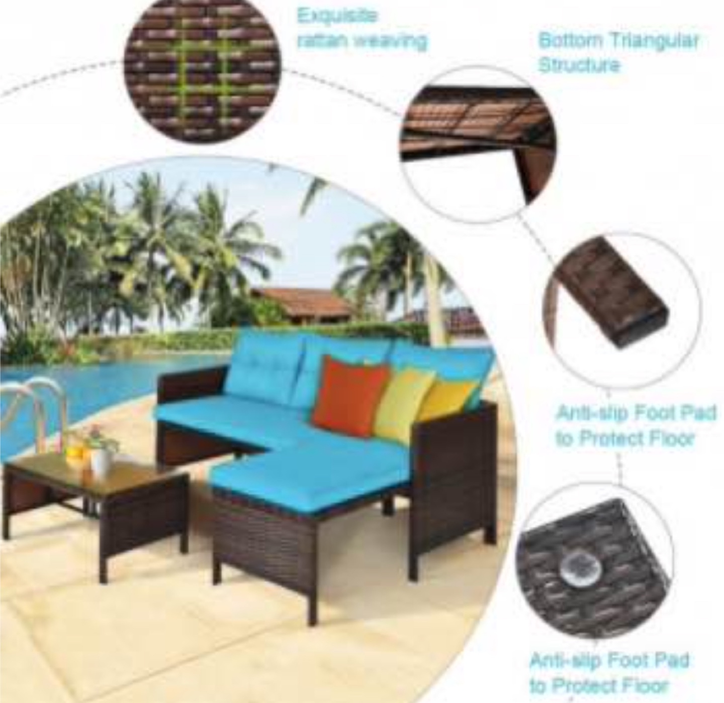 3-Piece Outdoor Wicker Sectional Sofa Set with Teal Cushions - photo 4