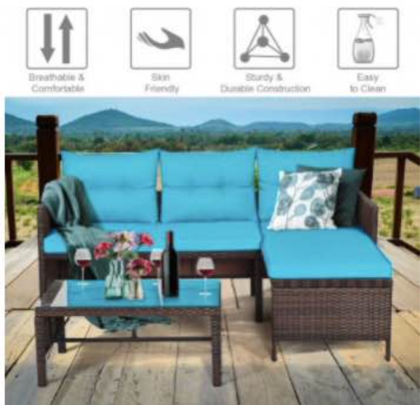 3-Piece Outdoor Wicker Sectional Sofa Set with Teal Cushions - photo 3